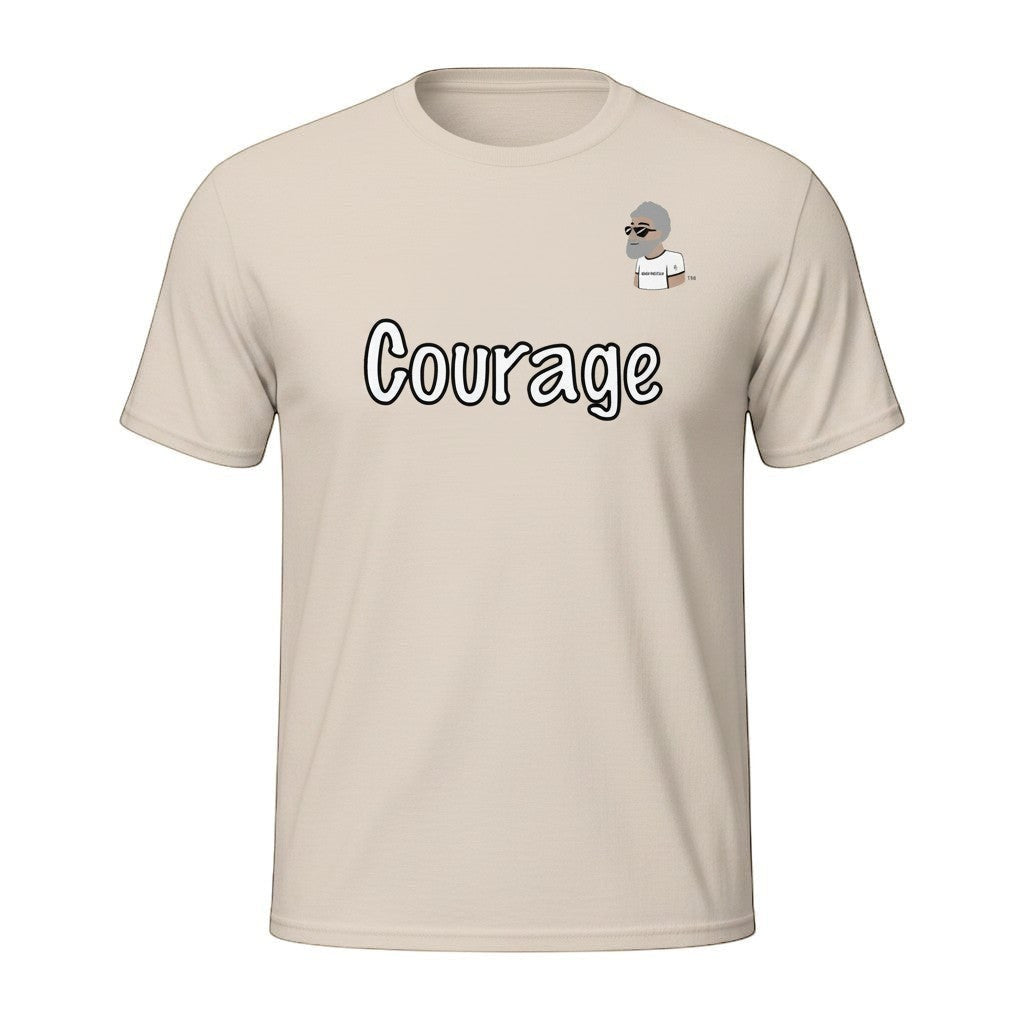 Big Daddy Allen Productions Courage graphic t-shirt in beige cotton with white text and BDA logo.