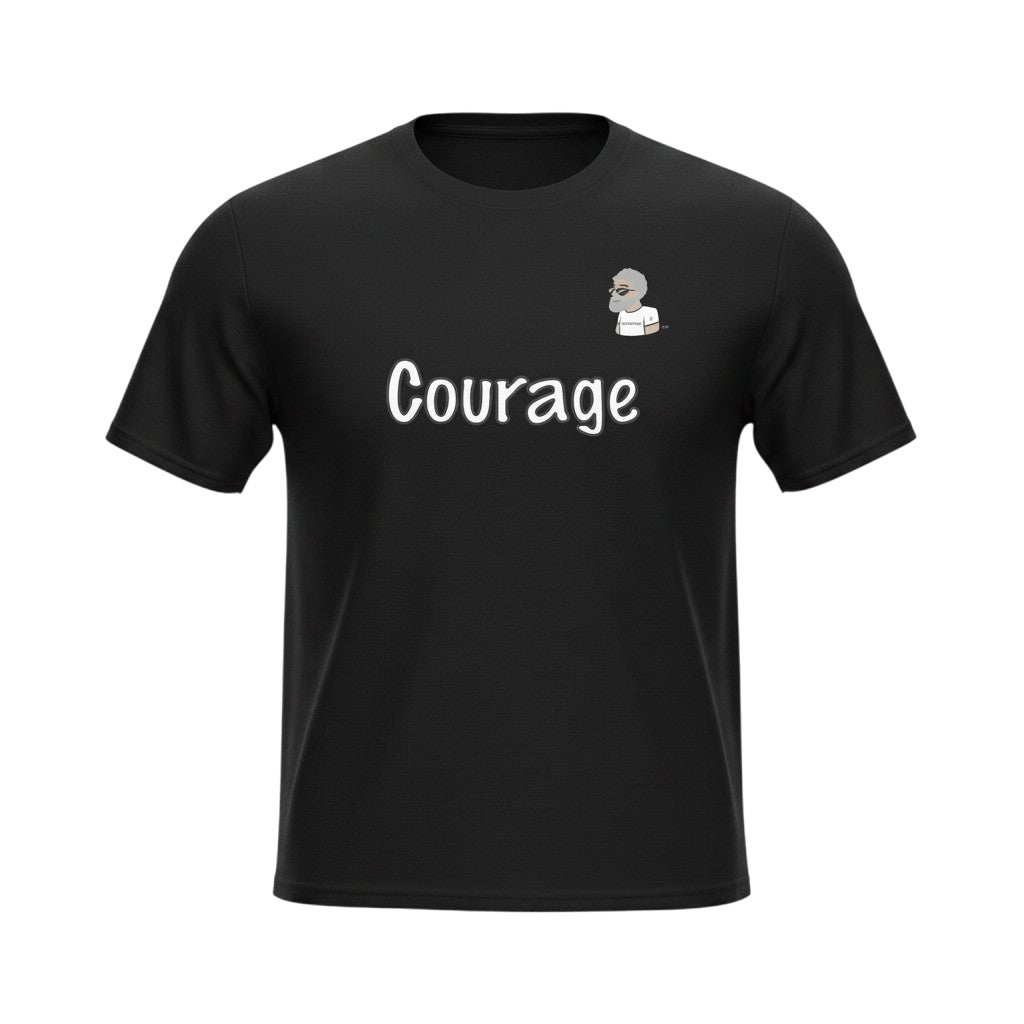 Big Daddy Allen Productions black t-shirt with the word Courage and a small graphic of a man.