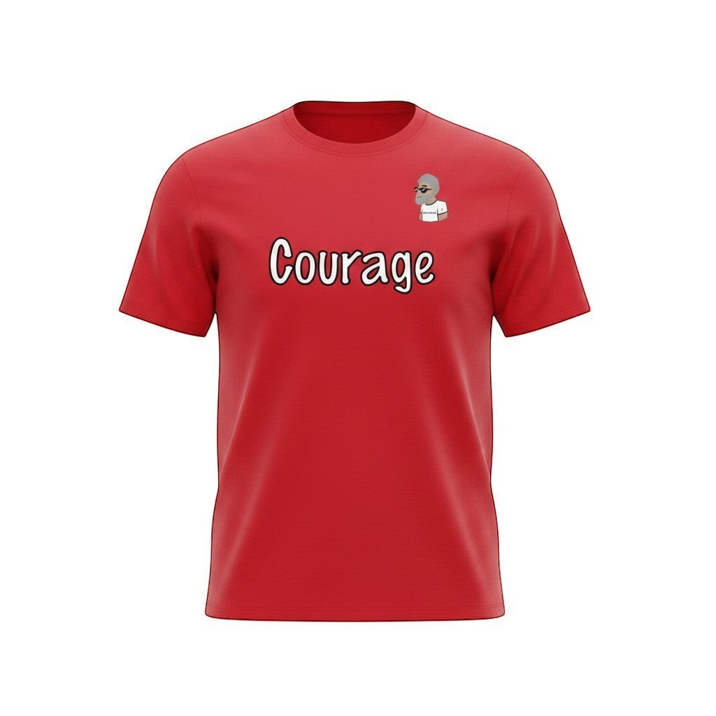 Big Daddy Allen Productions red cotton t-shirt with white 'Courage' graphic and BDA logo.