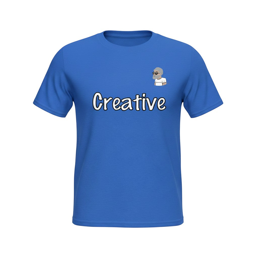 Big Daddy Allen Productions royal blue graphic t-shirt with "Creative" text and BDA logo.