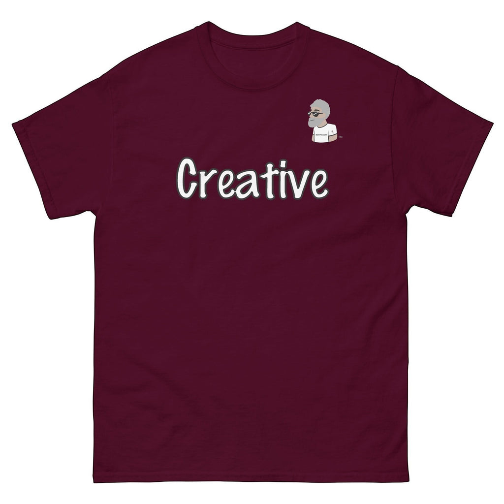 Big Daddy Allen Productions burgundy cotton t-shirt with white "Creative" script and BDA logo graphic.