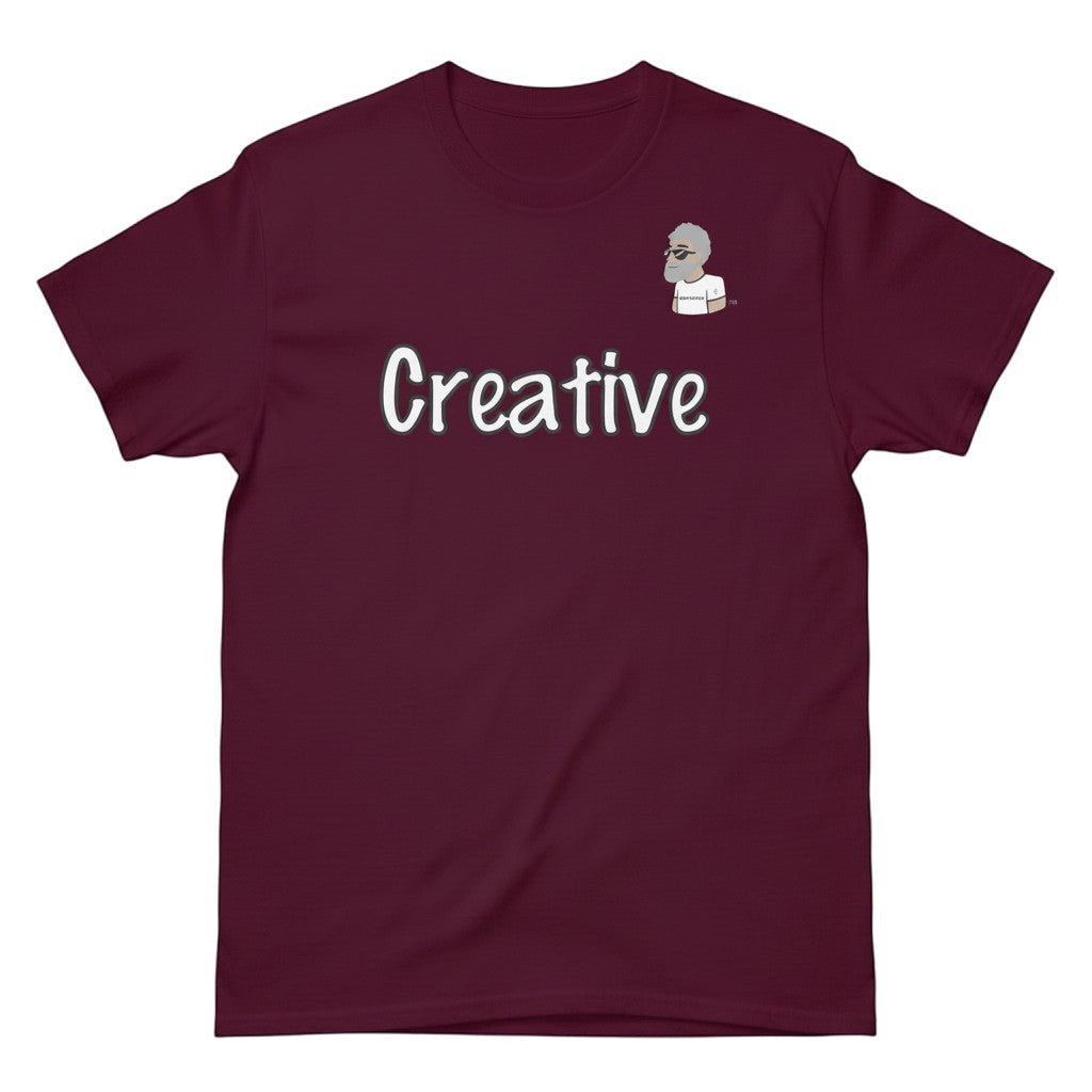 Big Daddy Allen Productions burgundy cotton t-shirt with white "Creative" text and BDA logo graphic.