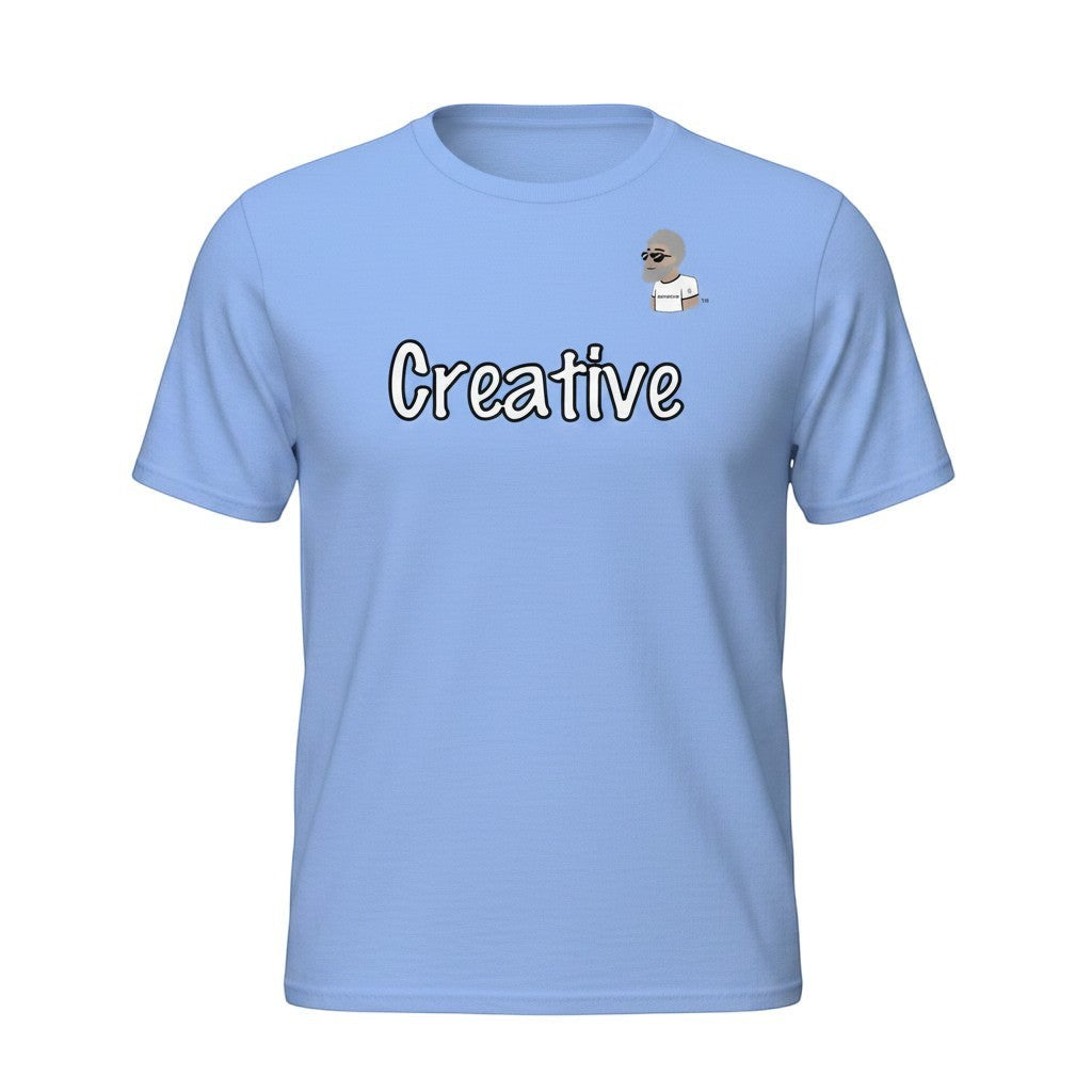 Big Daddy Allen Productions light blue cotton t-shirt with white "Creative" text and BDA logo graphic.
