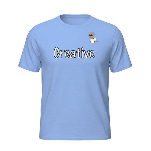 Big Daddy Allen Productions light blue cotton t-shirt with white "Creative" text and BDA logo graphic.