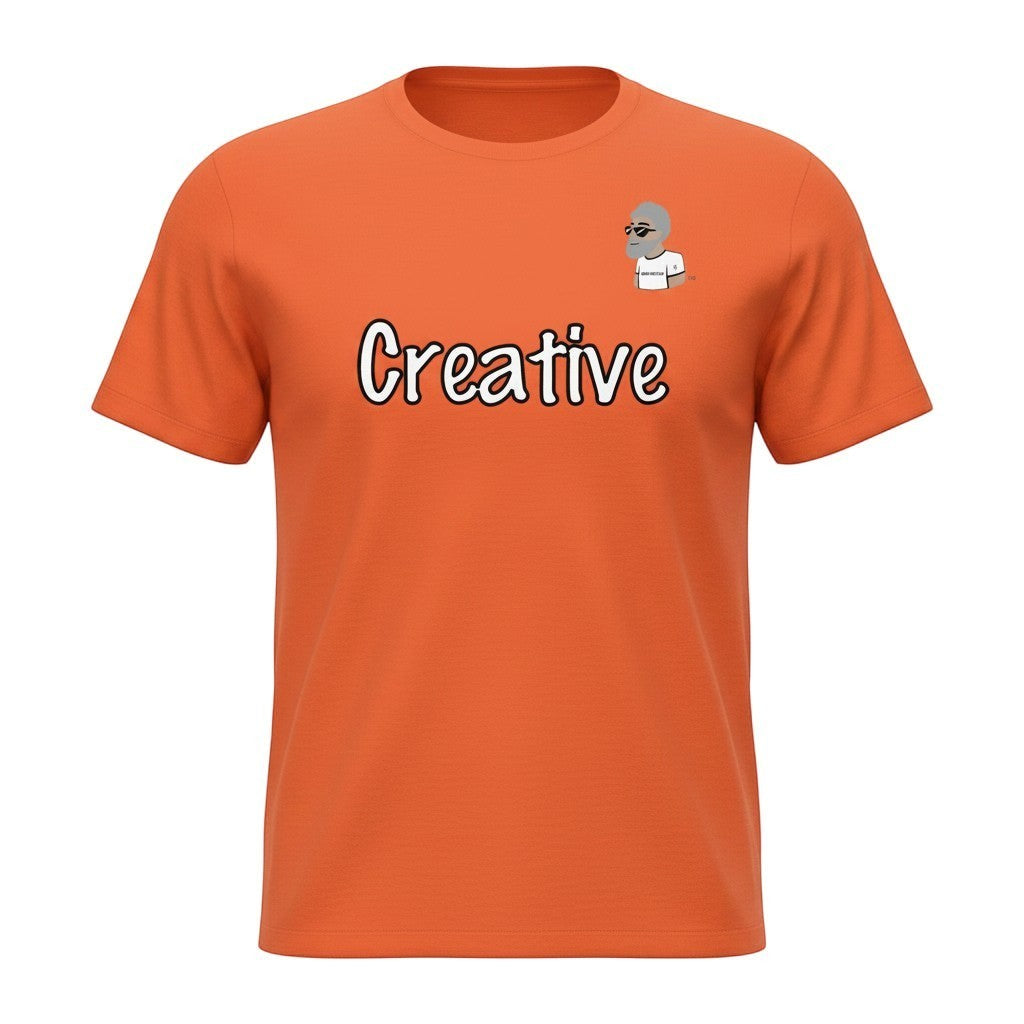 Big Daddy Allen Productions orange cotton t-shirt with white "Creative" graphic and BDA logo.
