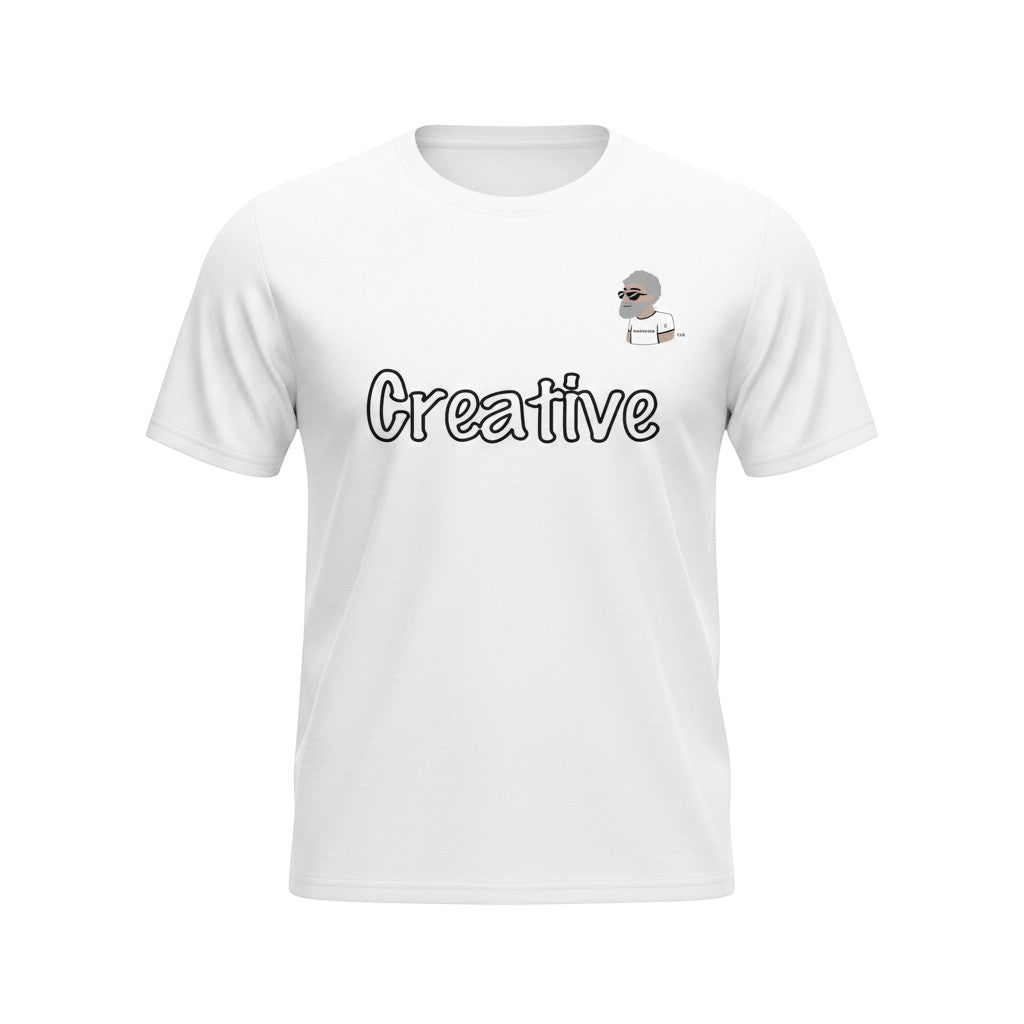 Big Daddy Allen Productions white graphic t-shirt with "Creative" text and BDA logo.