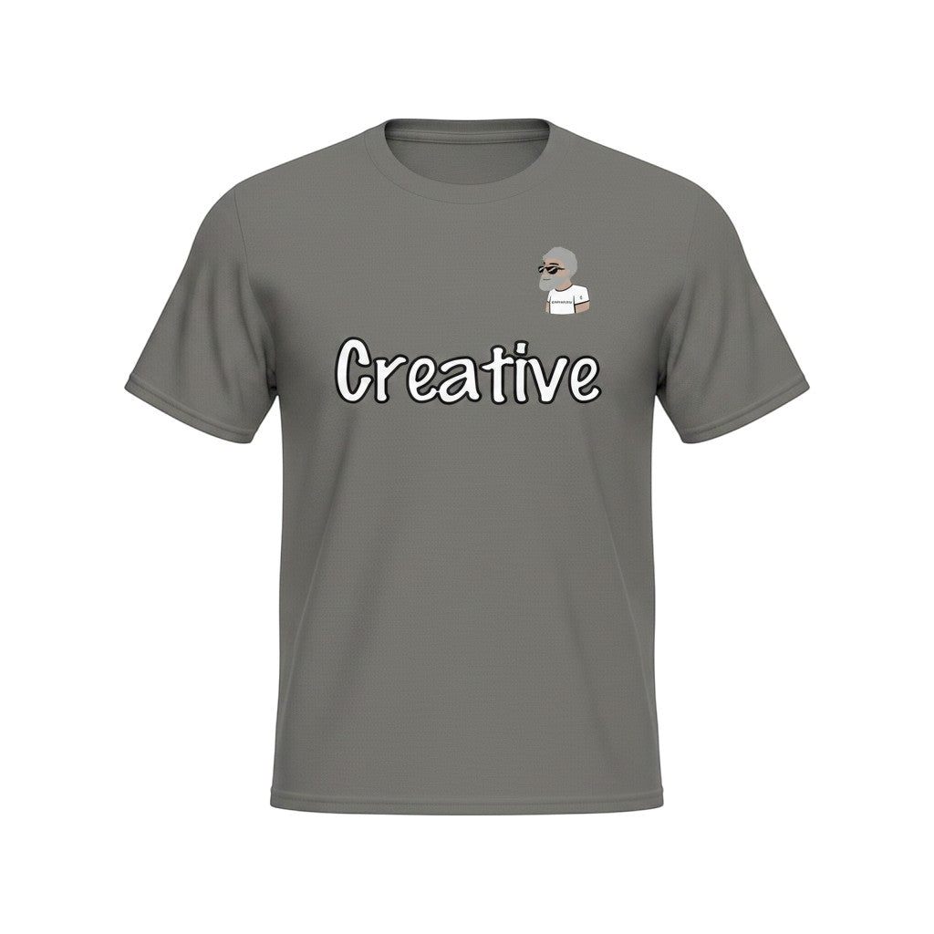 Big Daddy Allen Productions charcoal gray graphic t-shirt with "Creative" text and BDA logo.