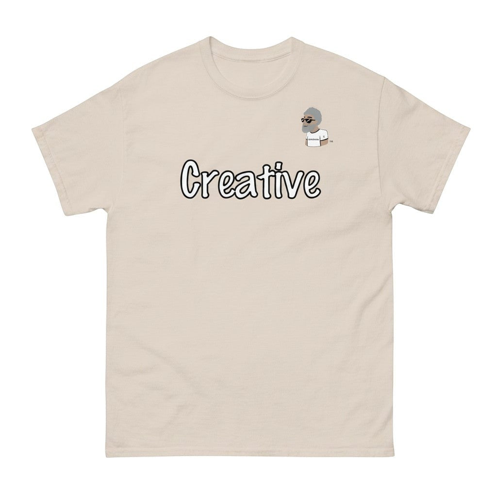 Big Daddy Allen Productions beige cotton t-shirt with white "Creative" text and BDA logo graphic.