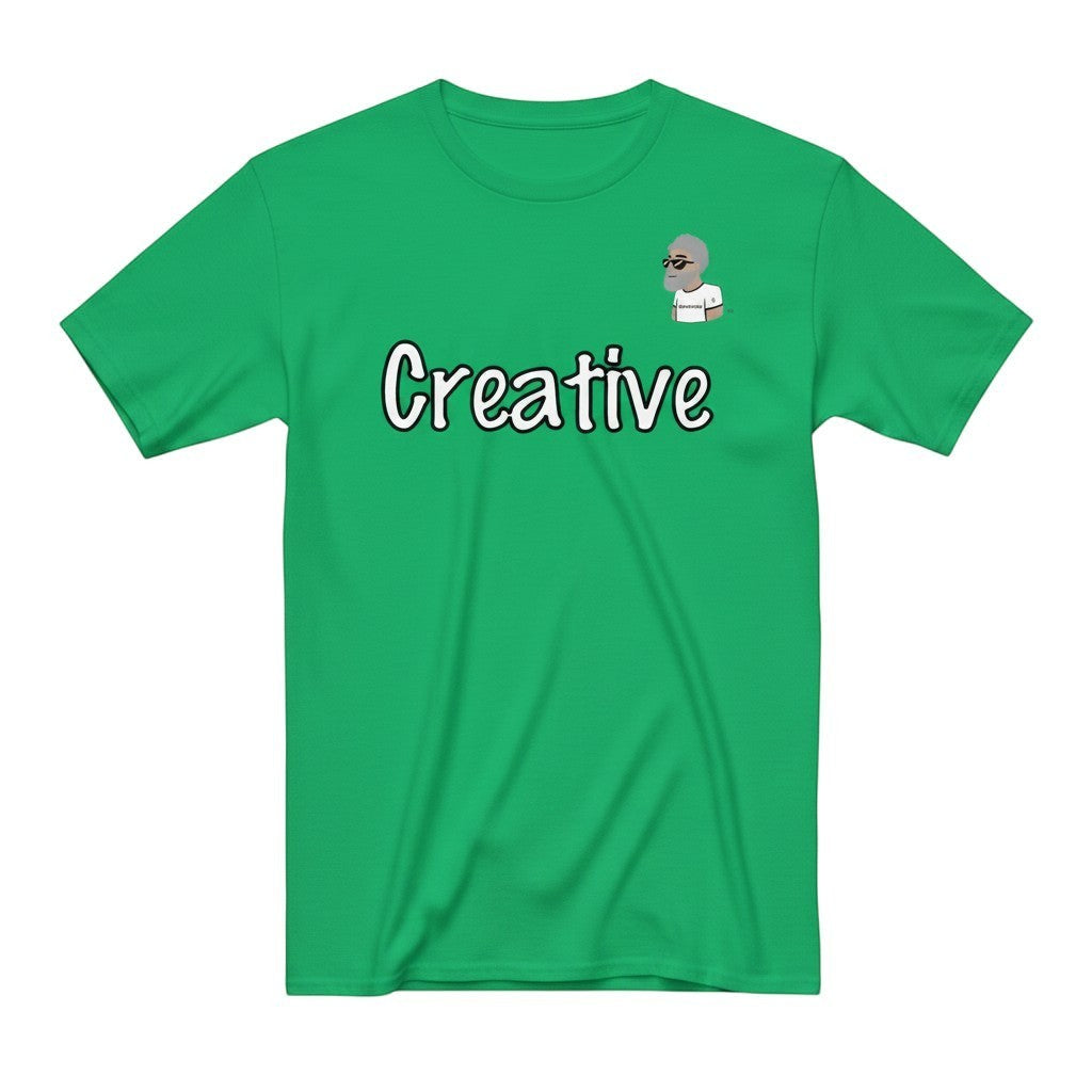 Big Daddy Allen Productions green cotton t-shirt with white script text "Creative" and BDA logo graphic.