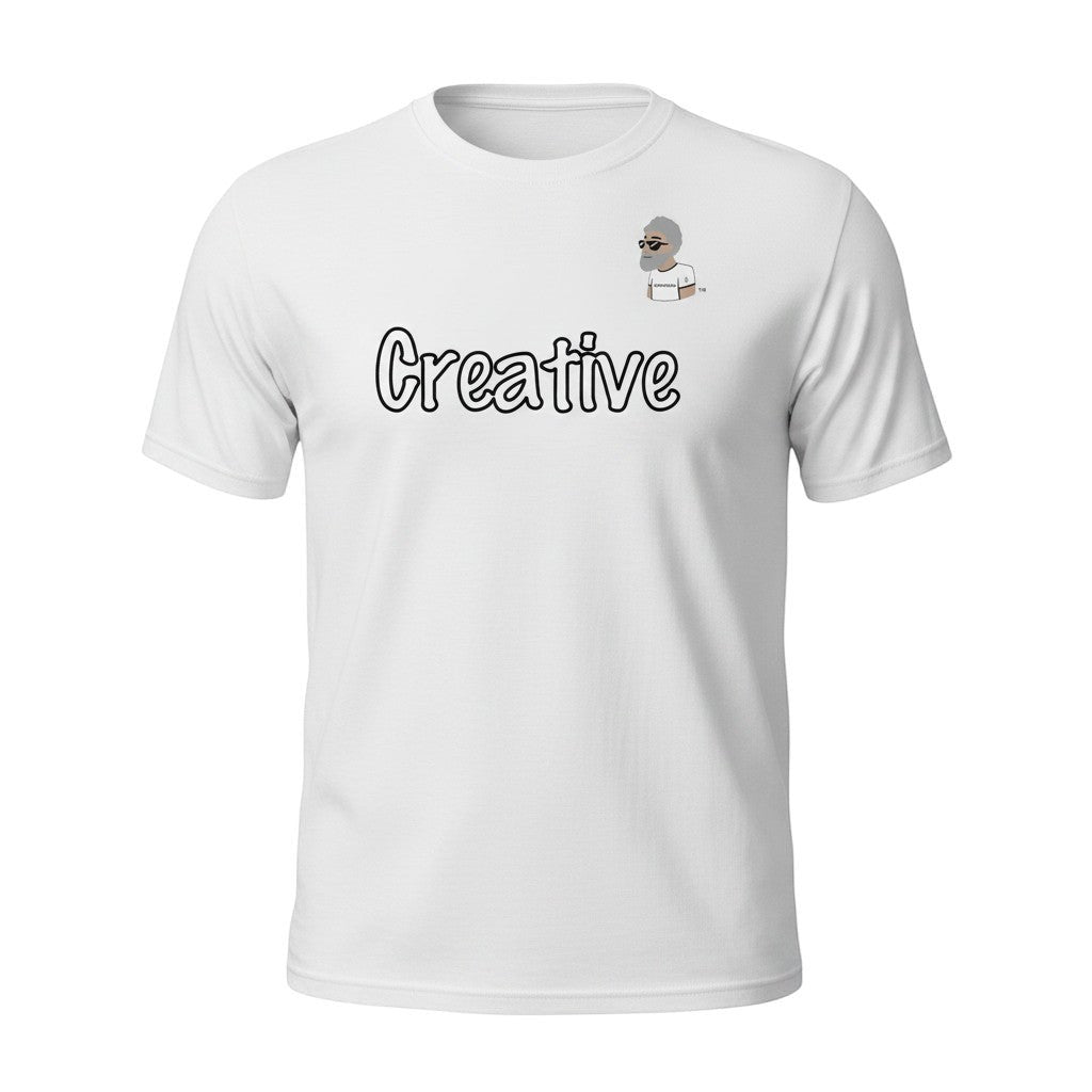 White cotton t-shirt with bold black outline script text "Creative" and a small BDA logo graphic. Big Daddy Allen Productions.