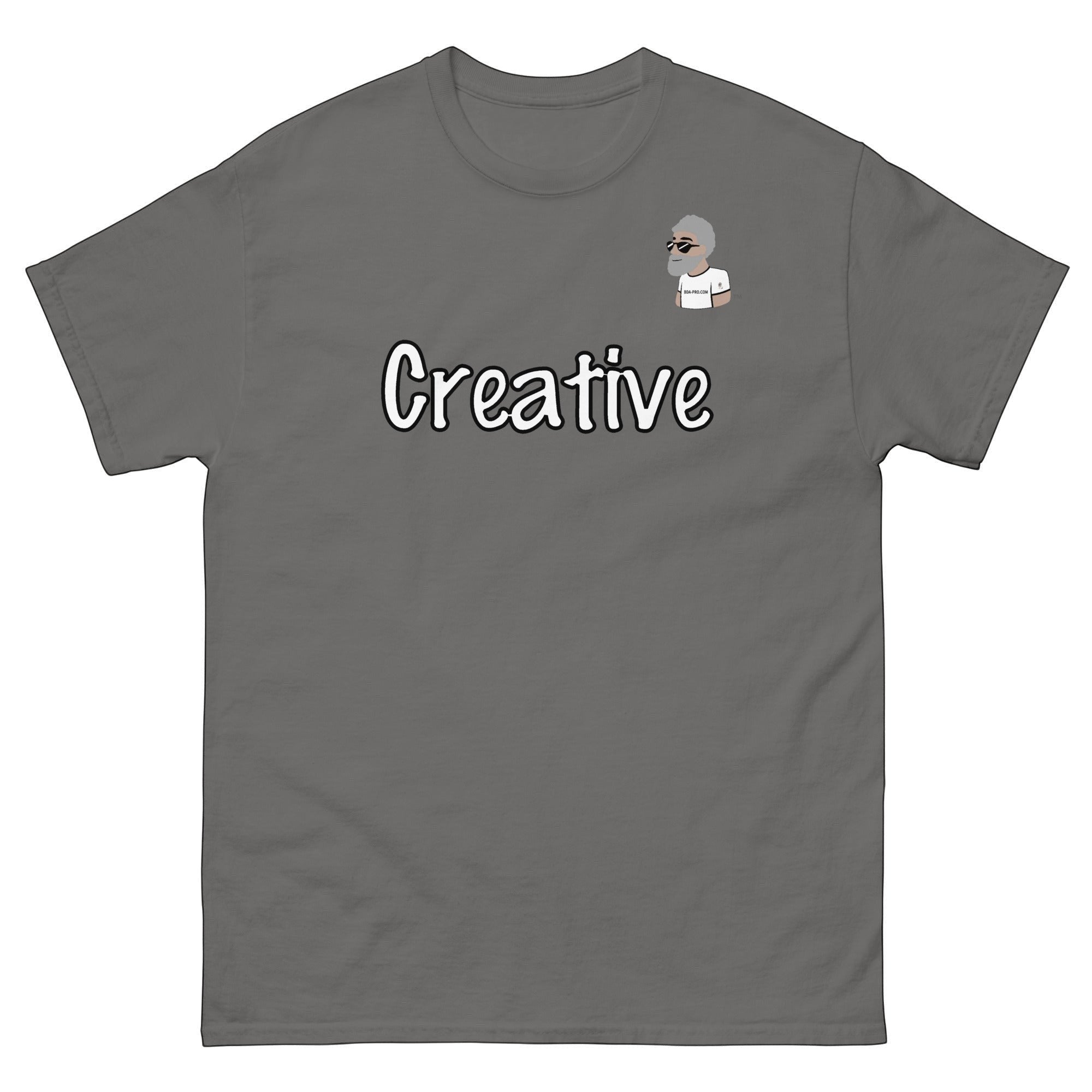 Big Daddy Allen Productions grey cotton t-shirt with white script text "Creative" and BDA logo.