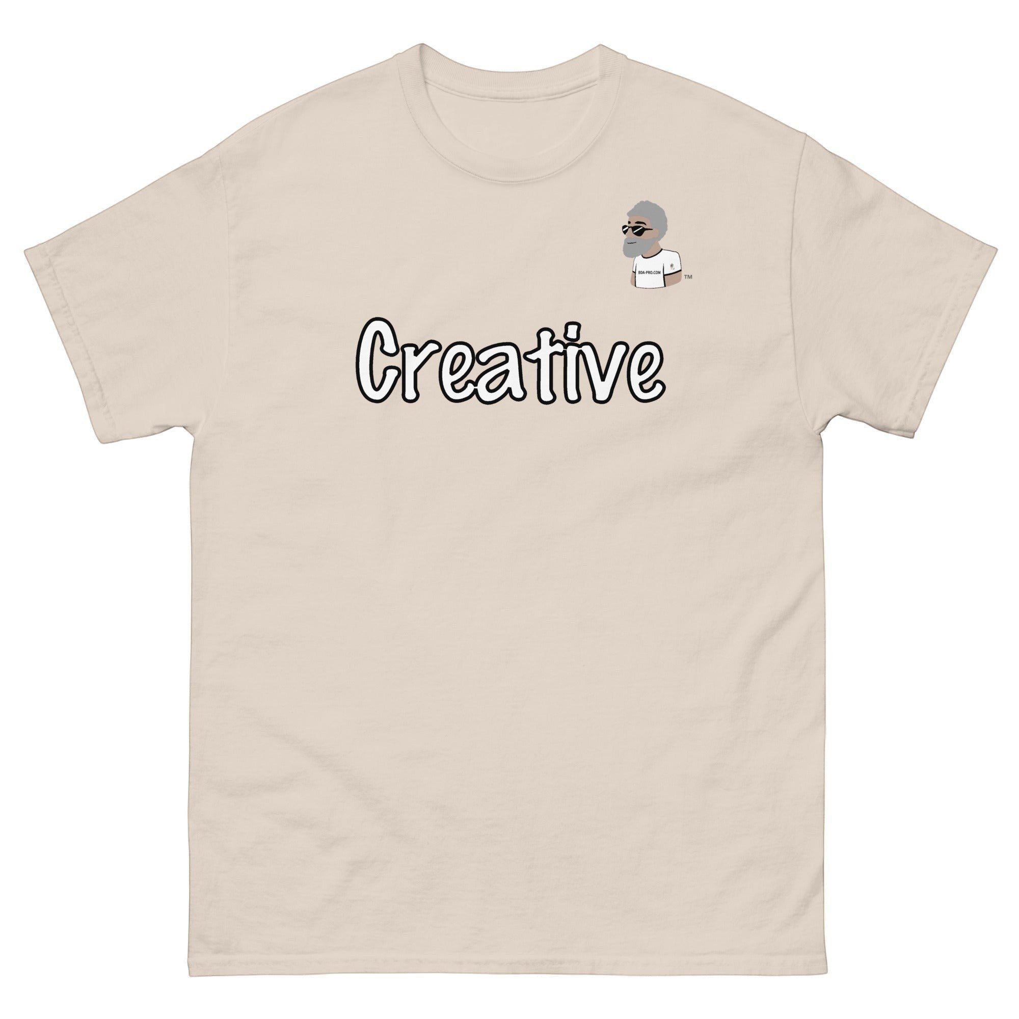 Big Daddy Allen Productions beige cotton t-shirt with white "Creative" text and BDA logo graphic.