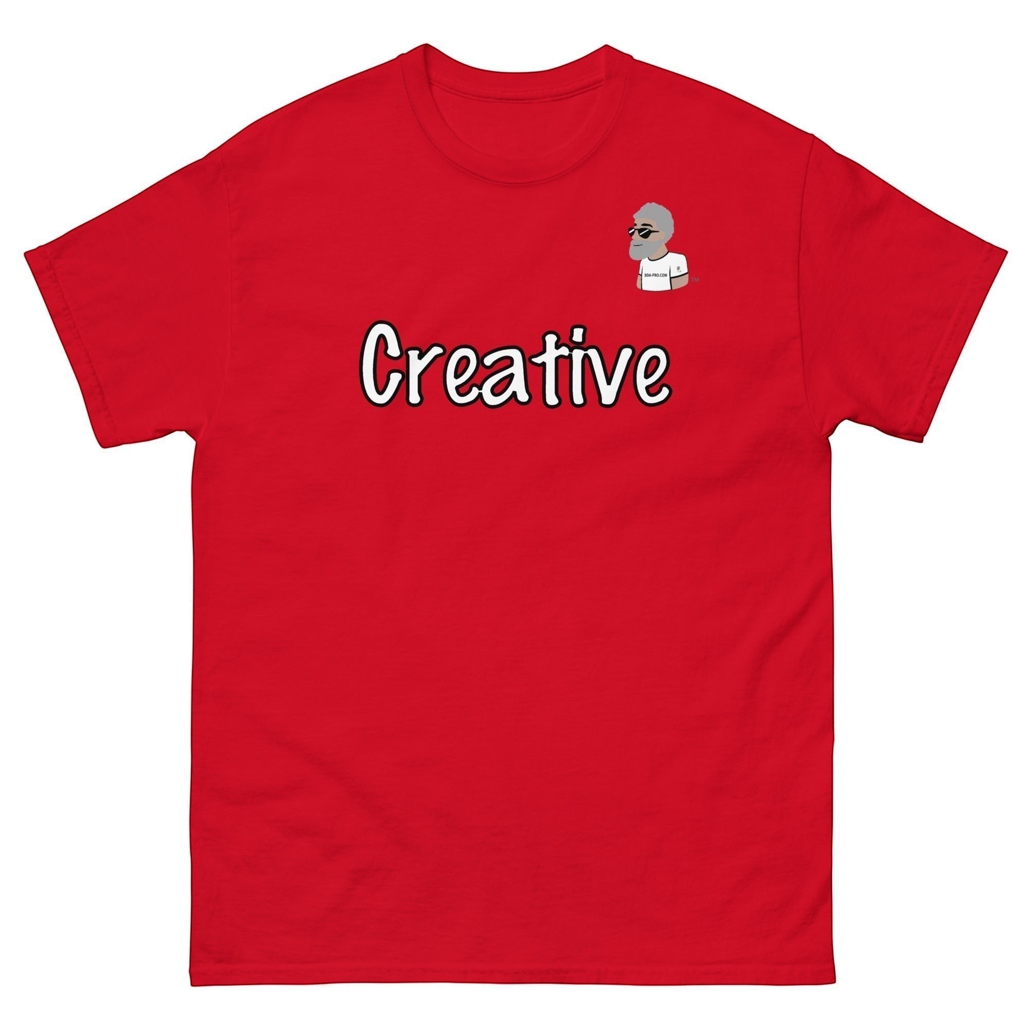 Big Daddy Allen Productions red cotton t-shirt with white "Creative" text and a small BDA logo graphic.