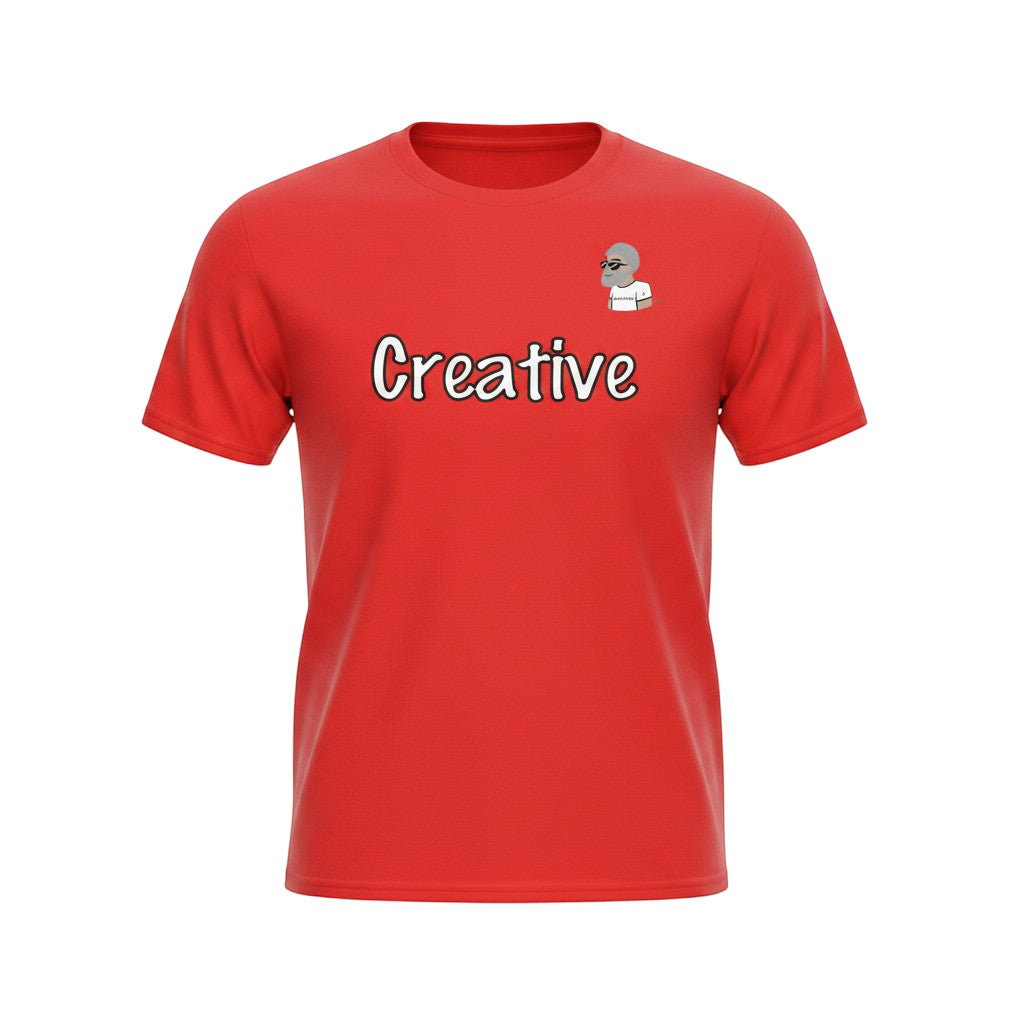 Big Daddy Allen Productions red graphic t-shirt with "Creative" text and BDA logo.