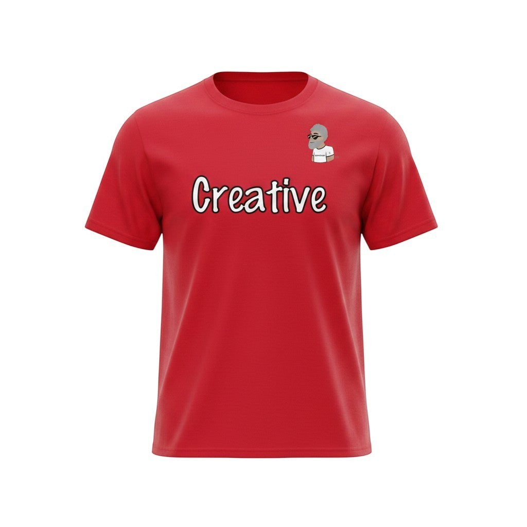 Big Daddy Allen Productions red cotton t-shirt with white "Creative" text and BDA logo graphic.