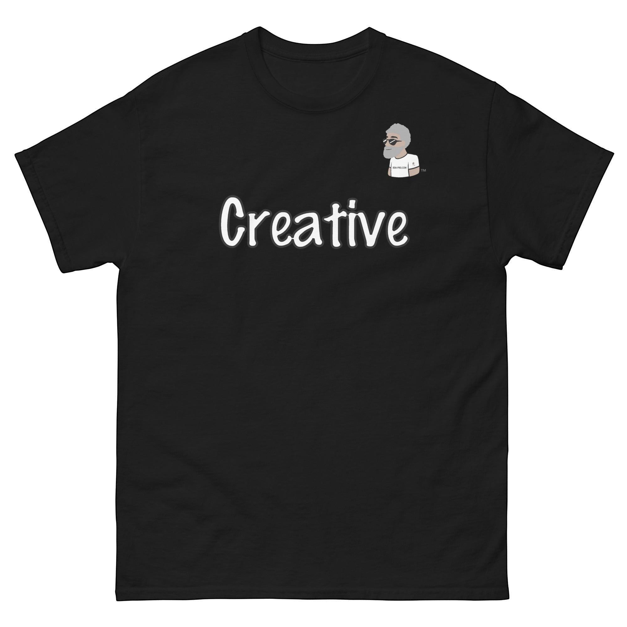 Big Daddy Allen Productions black cotton t-shirt with white "Creative" text and BDA logo graphic.