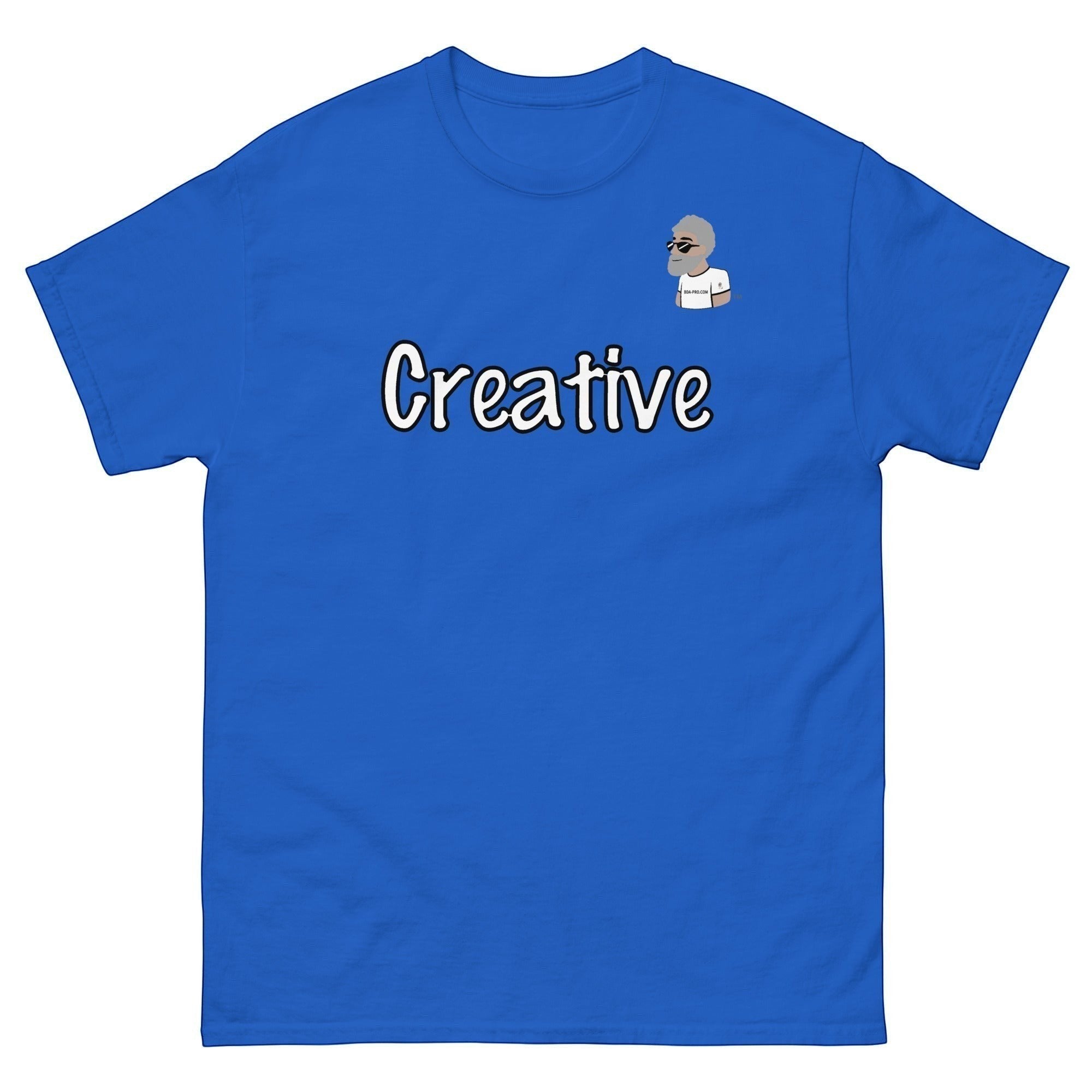 Big Daddy Allen Productions blue cotton t-shirt with white "Creative" text and BDA logo graphic.