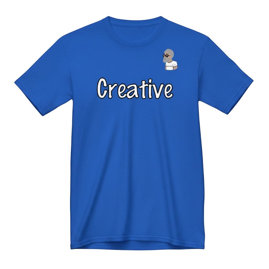 Big Daddy Allen Productions blue cotton t-shirt with white "Creative" text and BDA logo graphic.