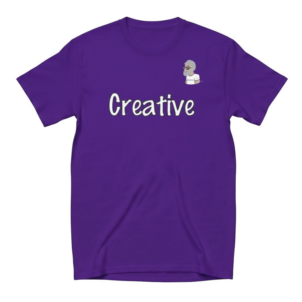 Big Daddy Allen Productions purple cotton t-shirt with white "Creative" script and BDA logo graphic.