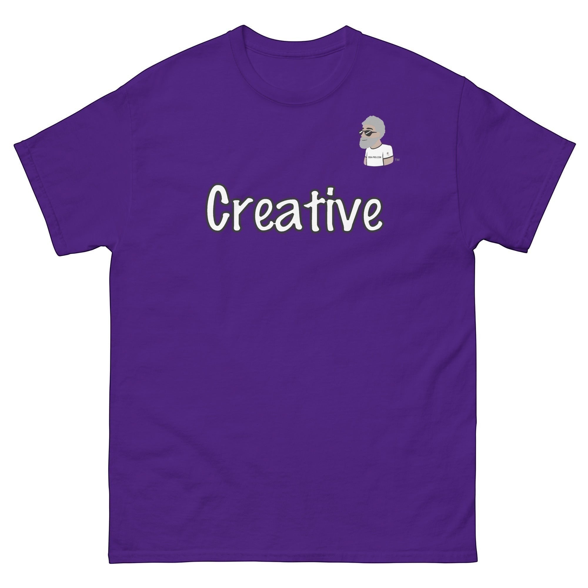 Big Daddy Allen Productions purple cotton t-shirt with white "Creative" text and BDA logo graphic.