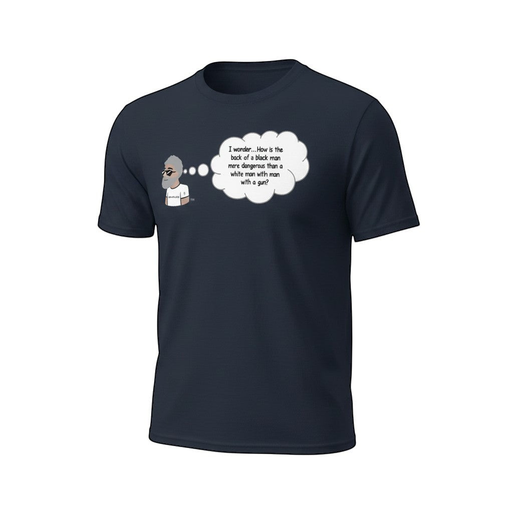 Big Daddy Allen Productions navy cotton t-shirt with a graphic of a man thinking about a controversial statement.