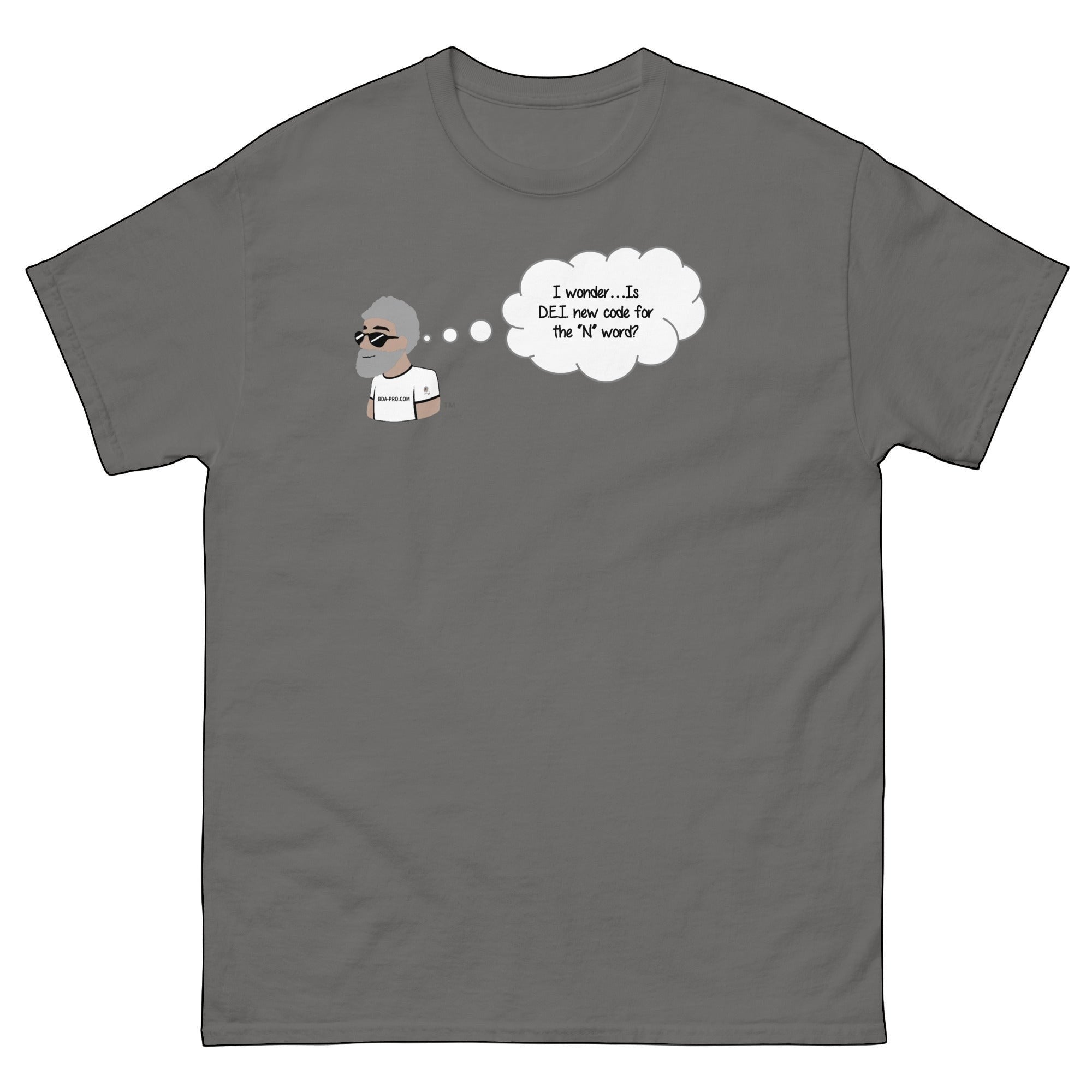 Big Daddy Allen Productions charcoal gray cotton t-shirt with a graphic of BDA logo thinking 'I wonder...Is DEI new code for the "N" word?'