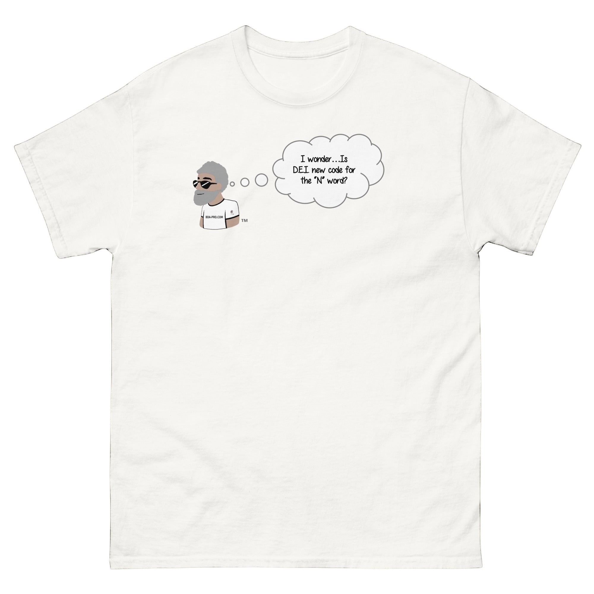 Big Daddy Allen Productions white cotton t-shirt with a graphic of BDA logo thinking 'I wonder...Is DEI new code for the "N" word?'