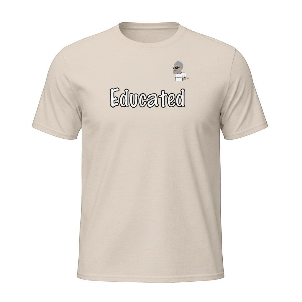Big Daddy Allen Productions Educated Graphic T-Shirt in beige cotton with a bold "Educated" graphic and BDA logo.