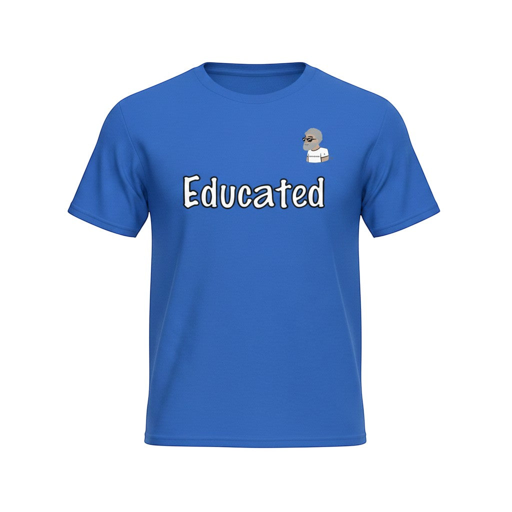 Big Daddy Allen Productions blue cotton t-shirt with "Educated" graphic and BDA logo.
