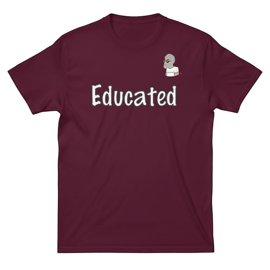 Big Daddy Allen Productions burgundy cotton t-shirt with "Educated" graphic and BDA logo on chest.