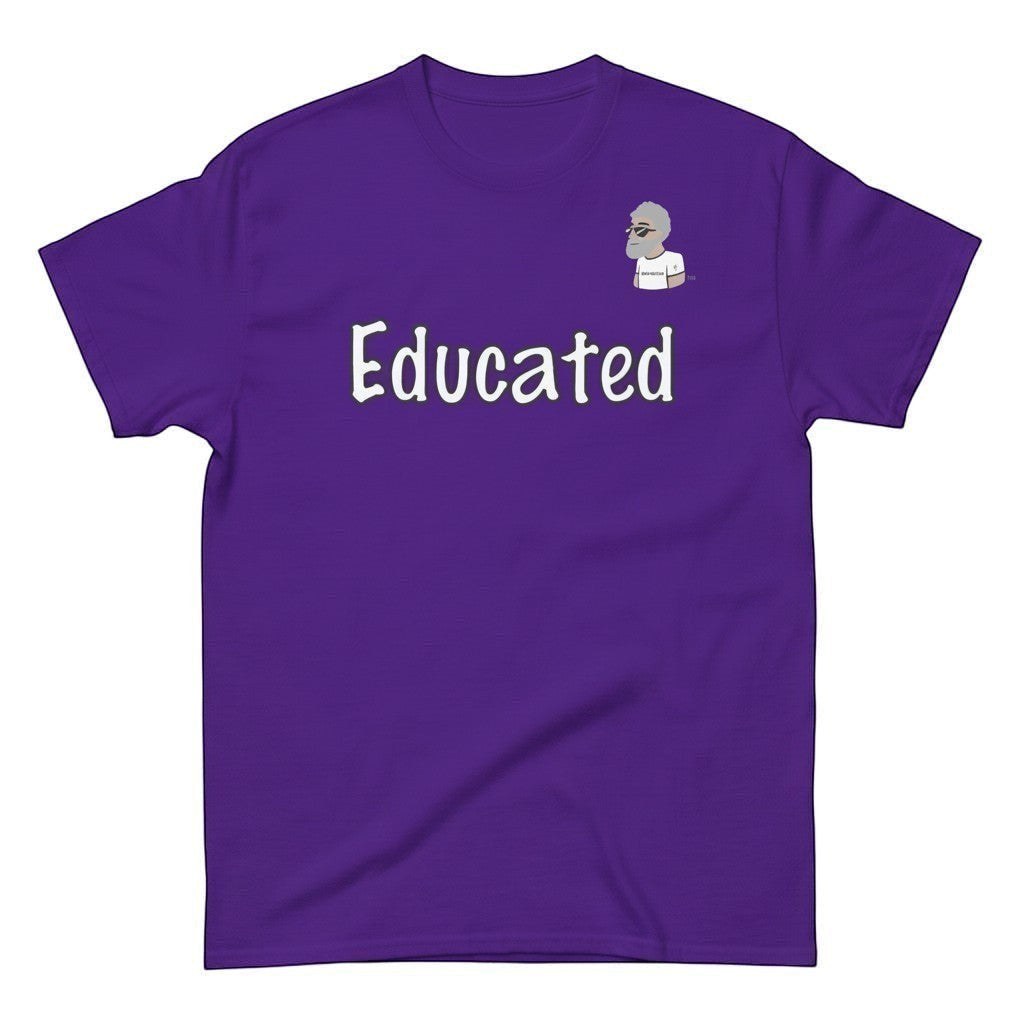 Big Daddy Allen Productions purple cotton t-shirt with "Educated" graphic and BDA logo.