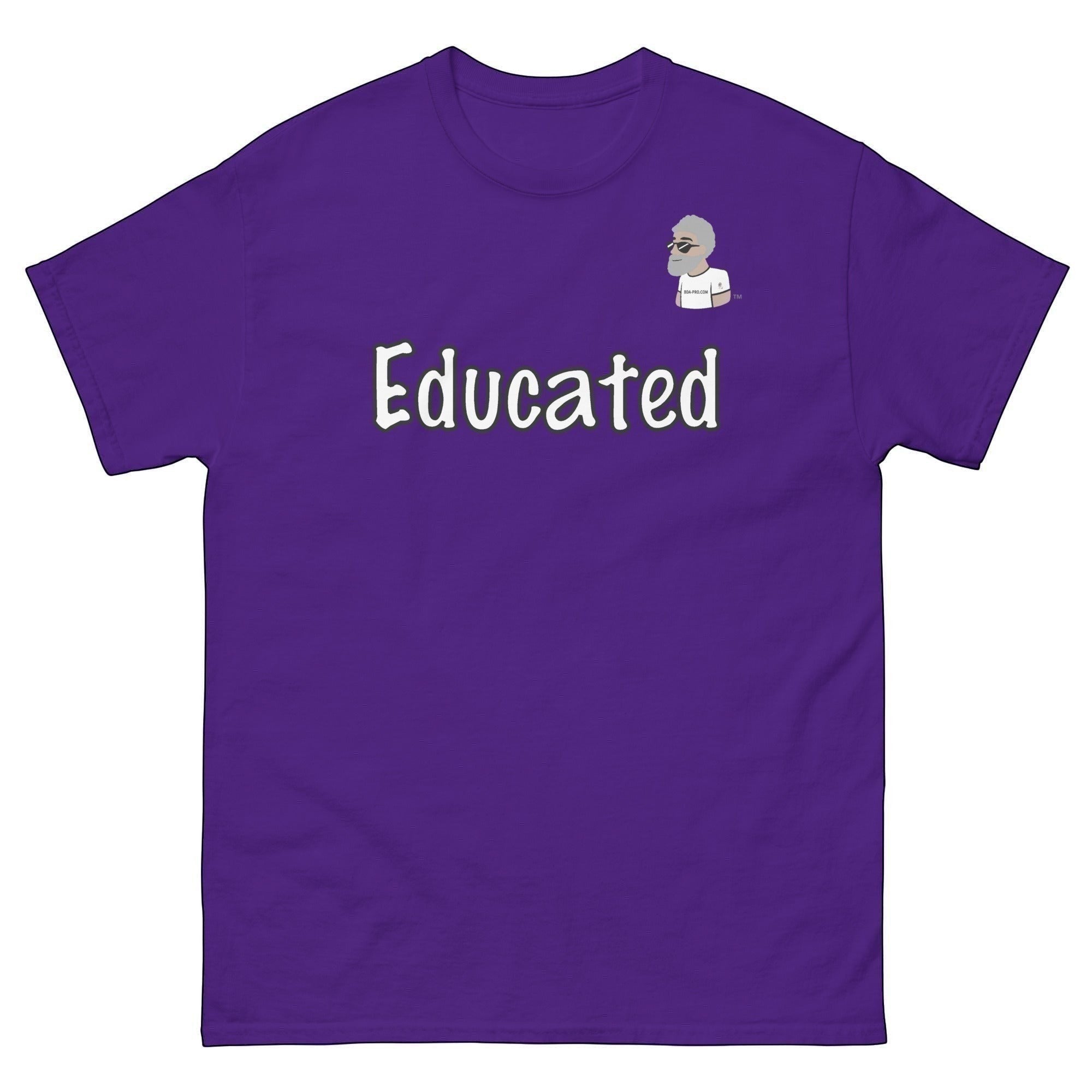 Big Daddy Allen Productions purple cotton t-shirt with "Educated" graphic and BDA logo on chest.