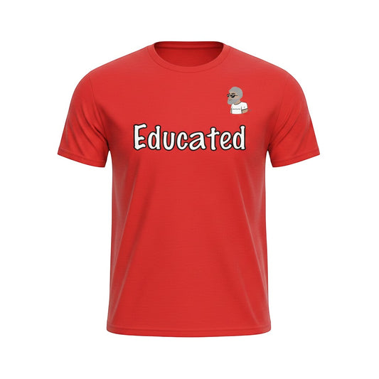 Big Daddy Allen Productions red cotton t-shirt with "Educated" graphic and BDA logo.