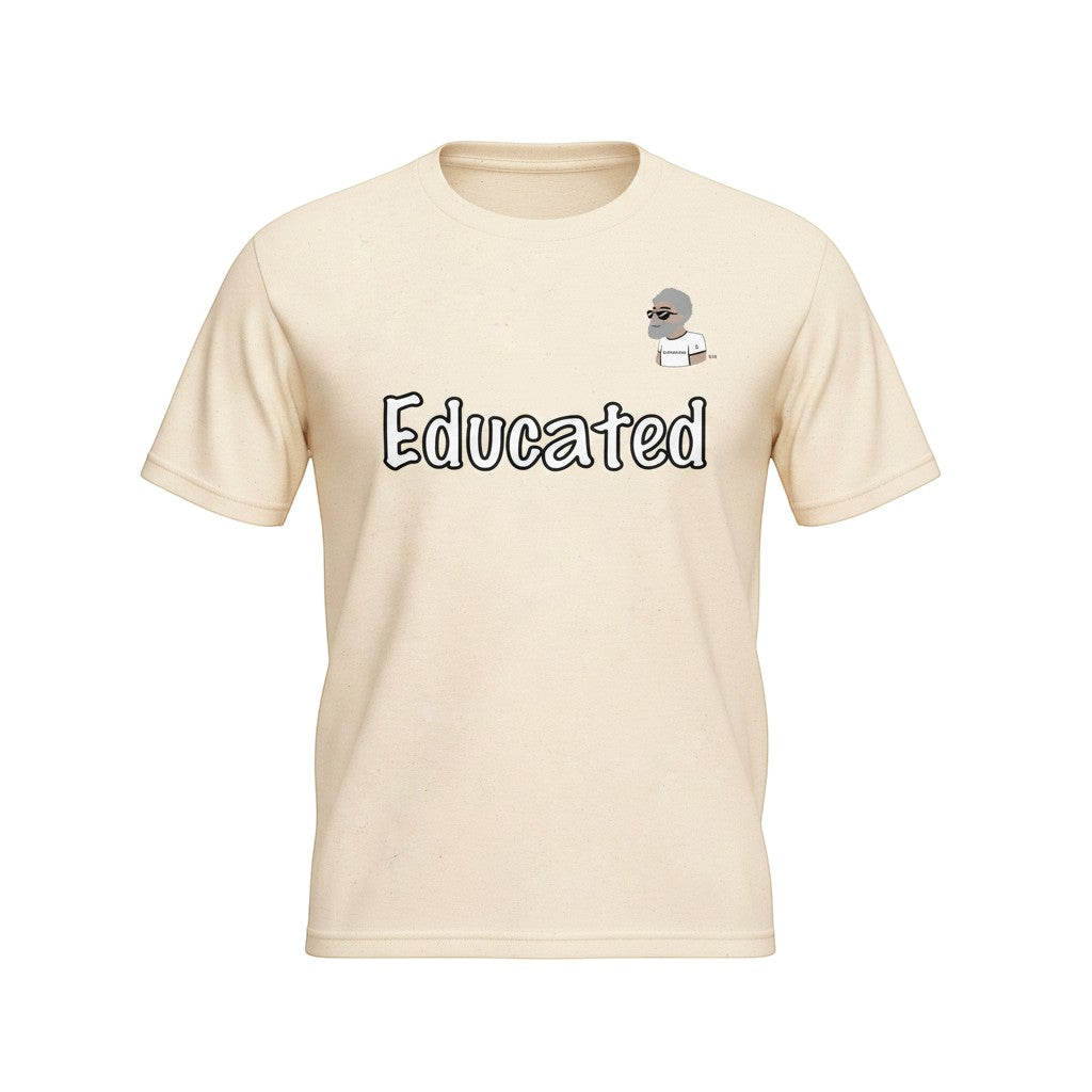Big Daddy Allen Productions cream cotton t-shirt with "Educated" graphic and BDA logo.