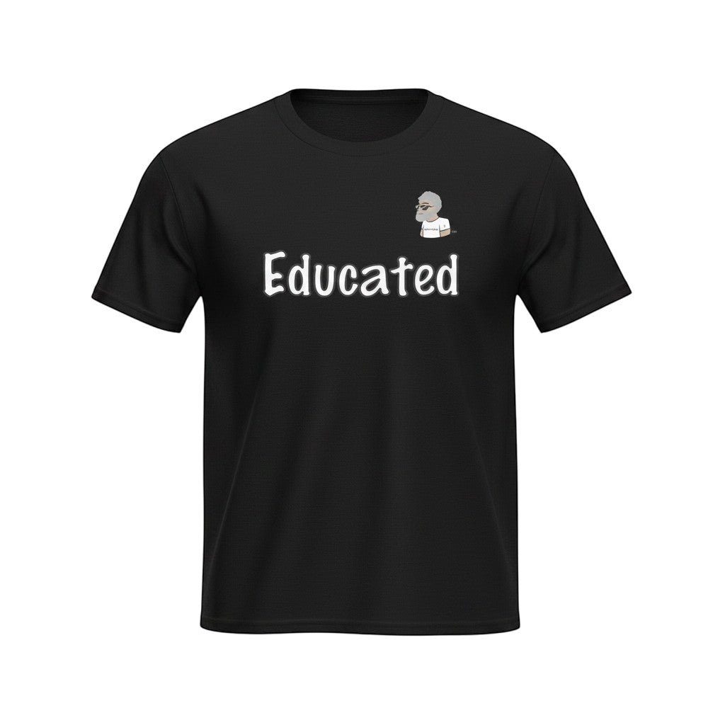 Big Daddy Allen Productions black cotton t-shirt with "Educated" graphic and BDA logo.