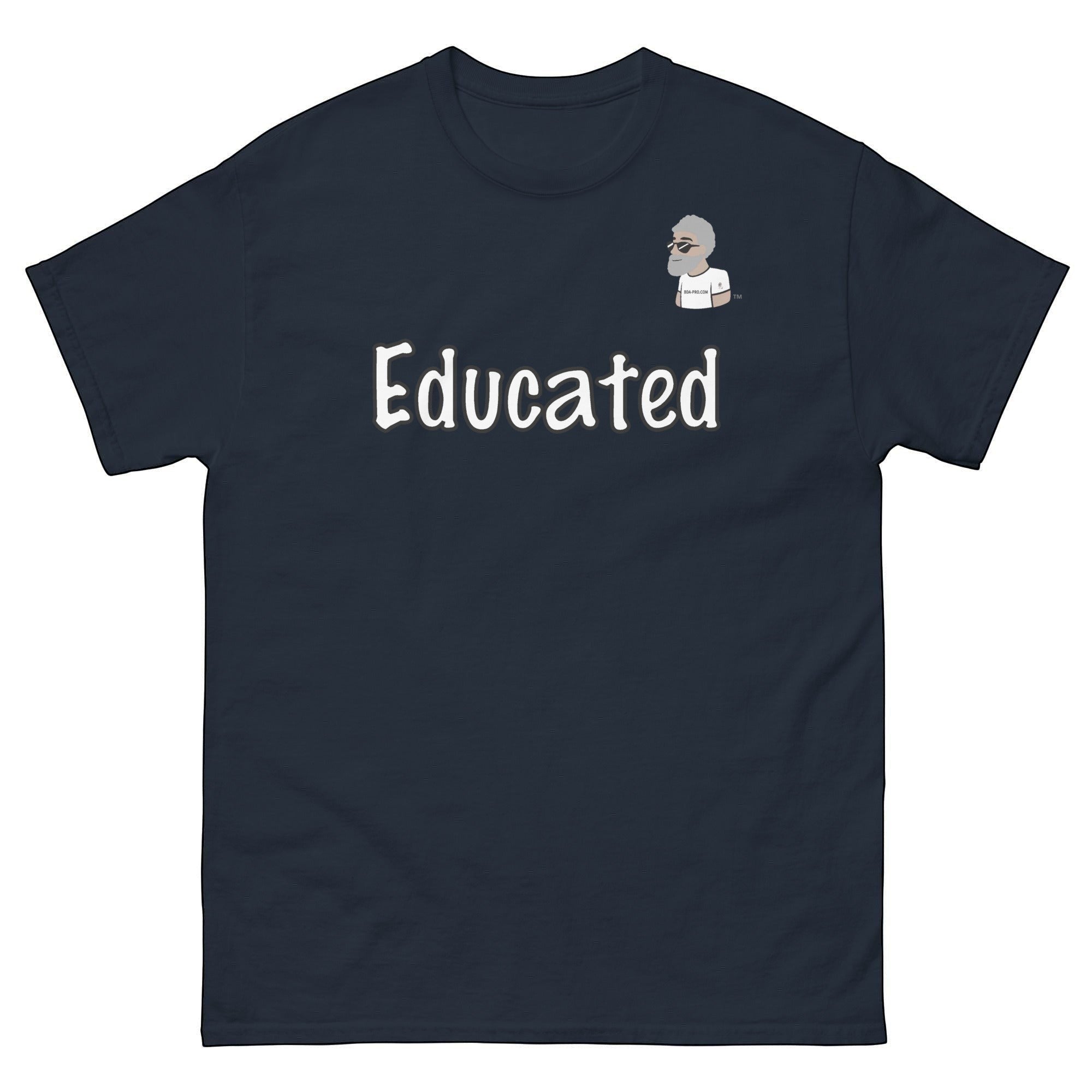 Big Daddy Allen Productions navy blue cotton t-shirt with  "Educated" graphic and BDA logo on chest.