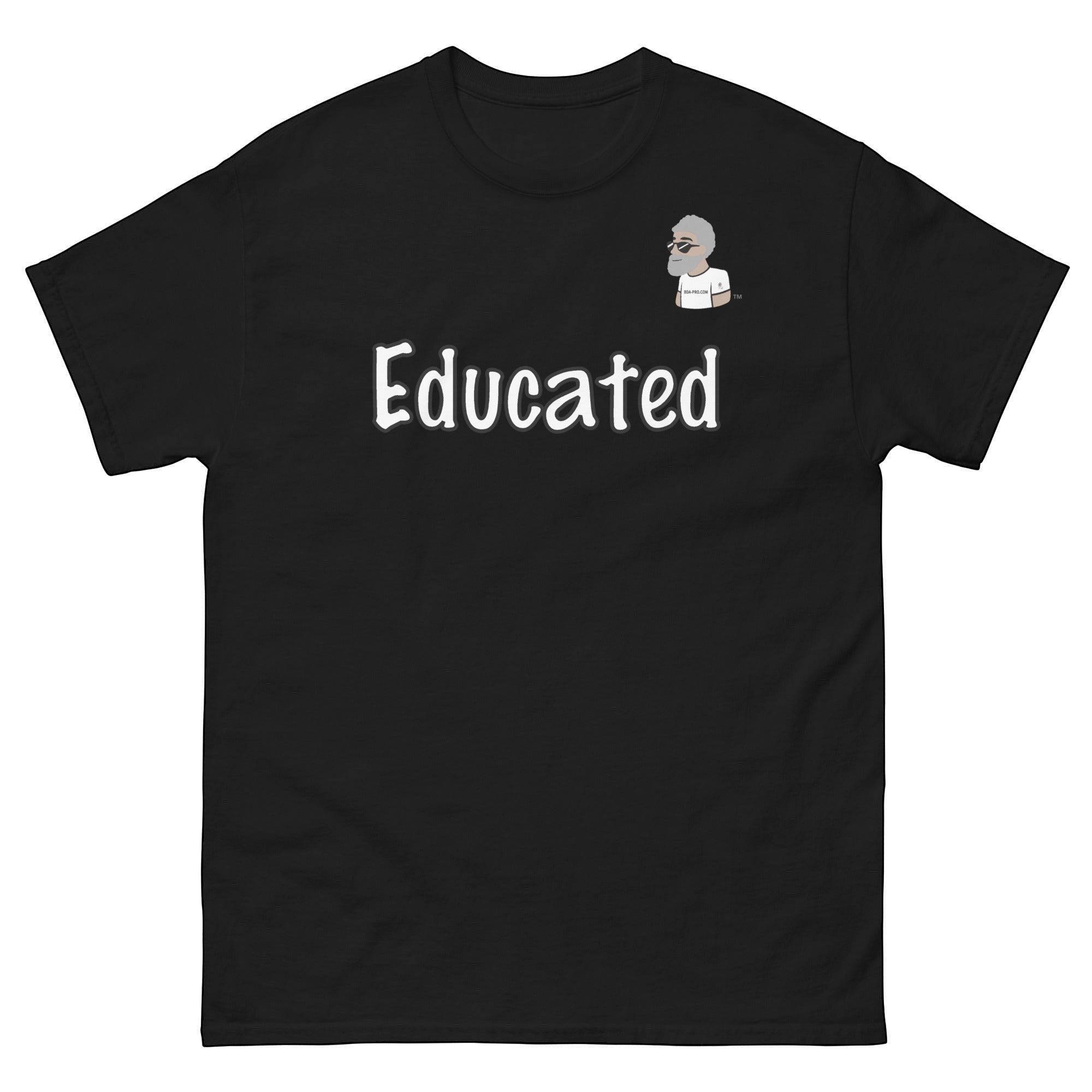 Big Daddy Allen Productions black cotton t-shirt with white "Educated" graphic and BDA logo.