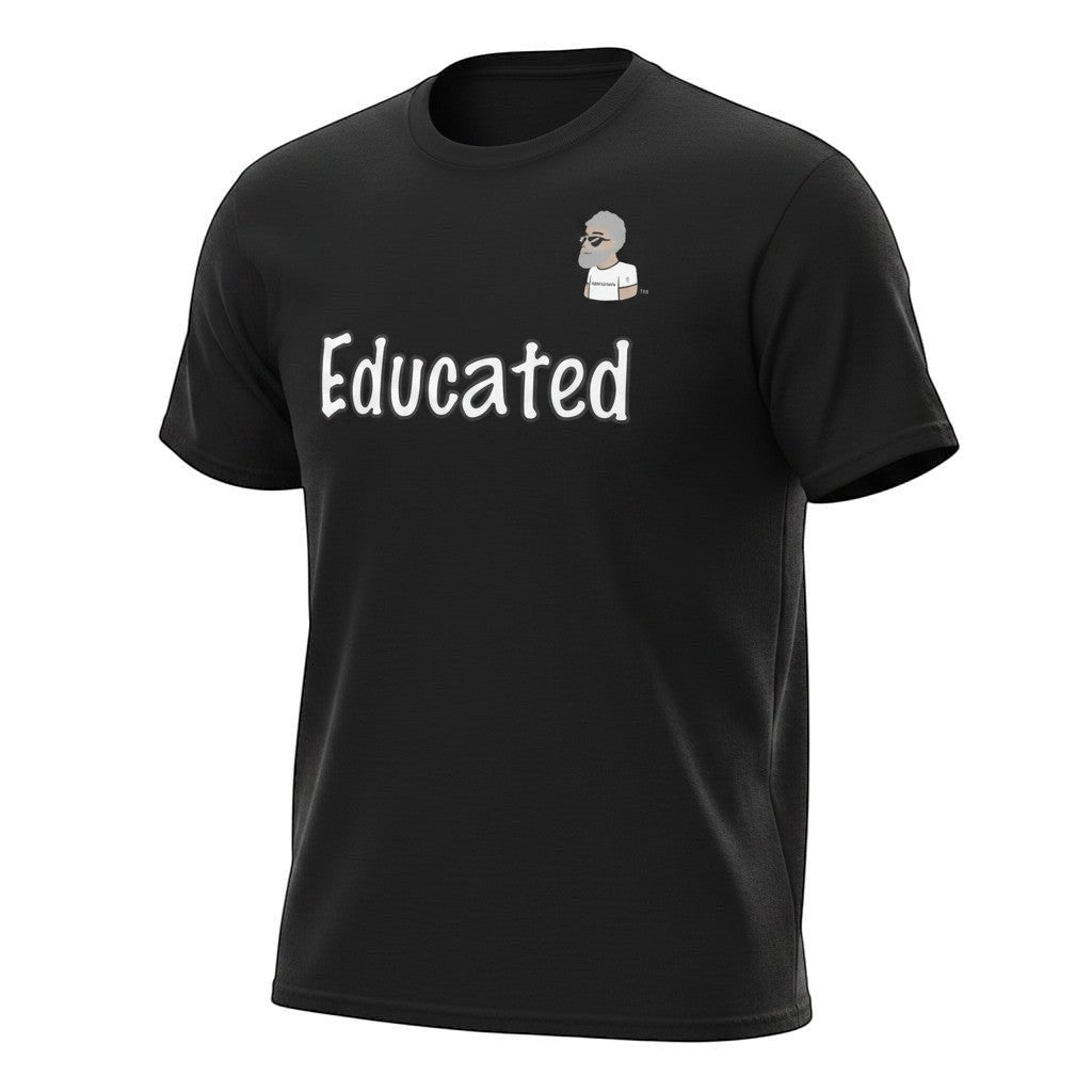 Big Daddy Allen Productions black cotton t-shirt with "Educated" graphic and BDA logo.
