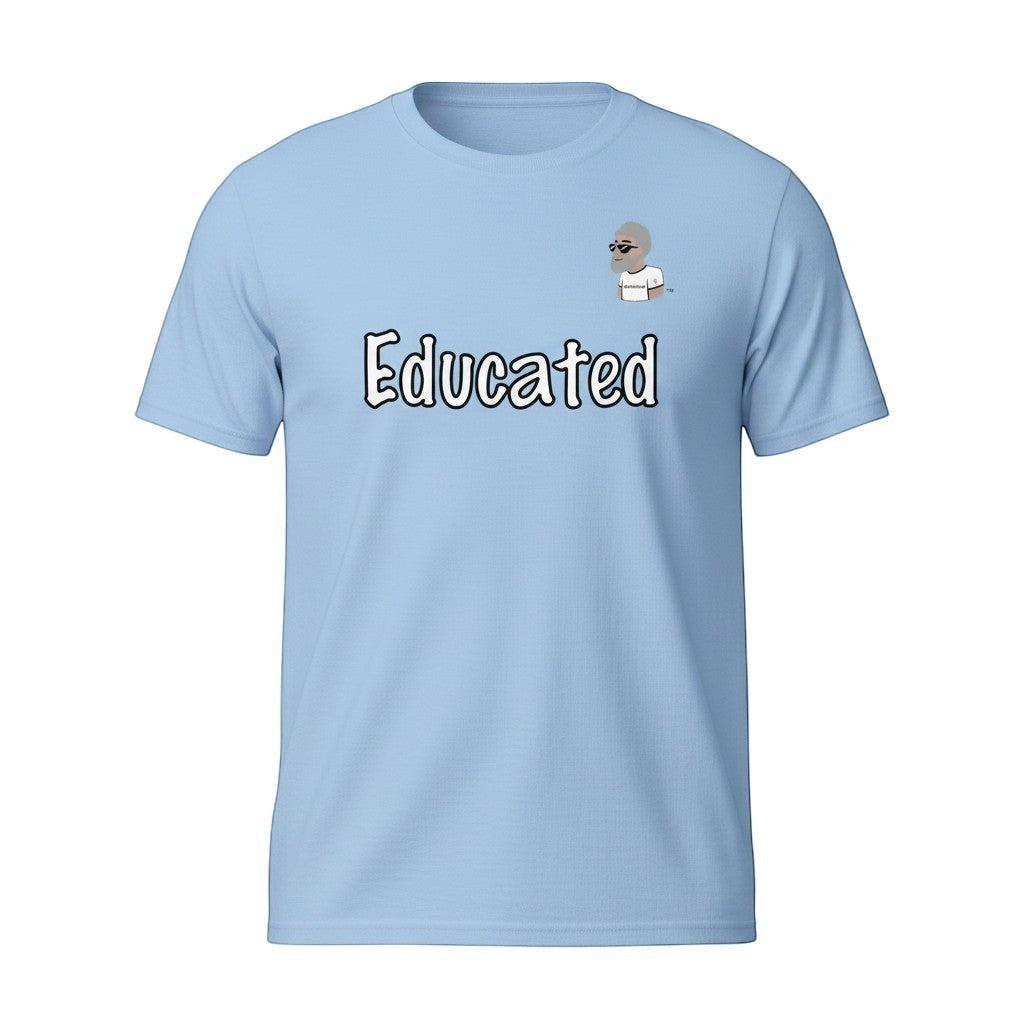 Big Daddy Allen Productions light blue cotton t-shirt with "Educated" graphic and BDA logo on chest.
