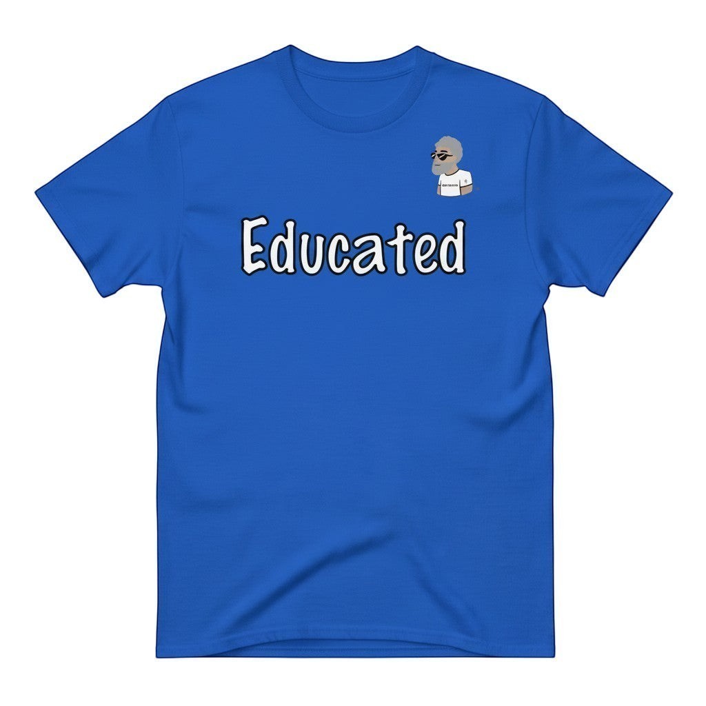 Big Daddy Allen Productions blue cotton t-shirt with "Educated" graphic and BDA logo.