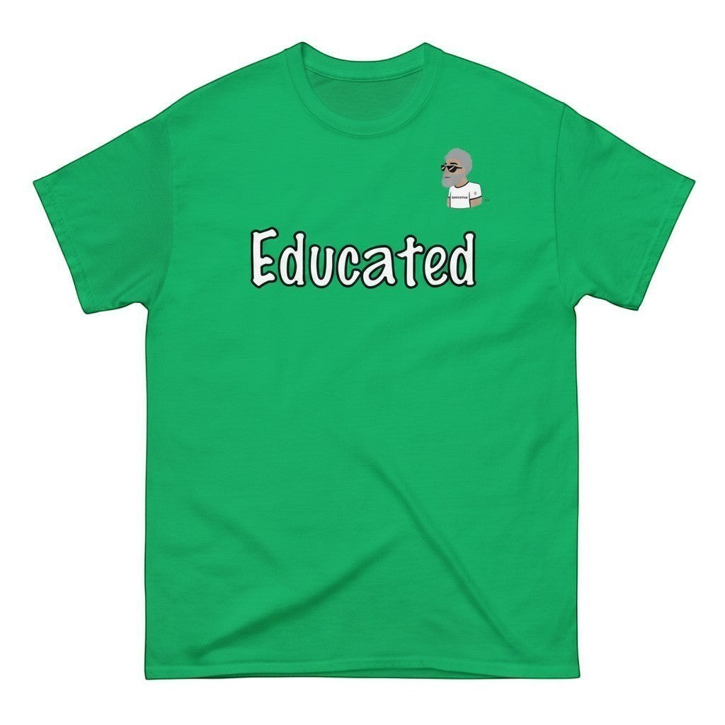 Big Daddy Allen Productions green cotton t-shirt with "Educated" graphic and BDA logo. Features a cartoon figure.