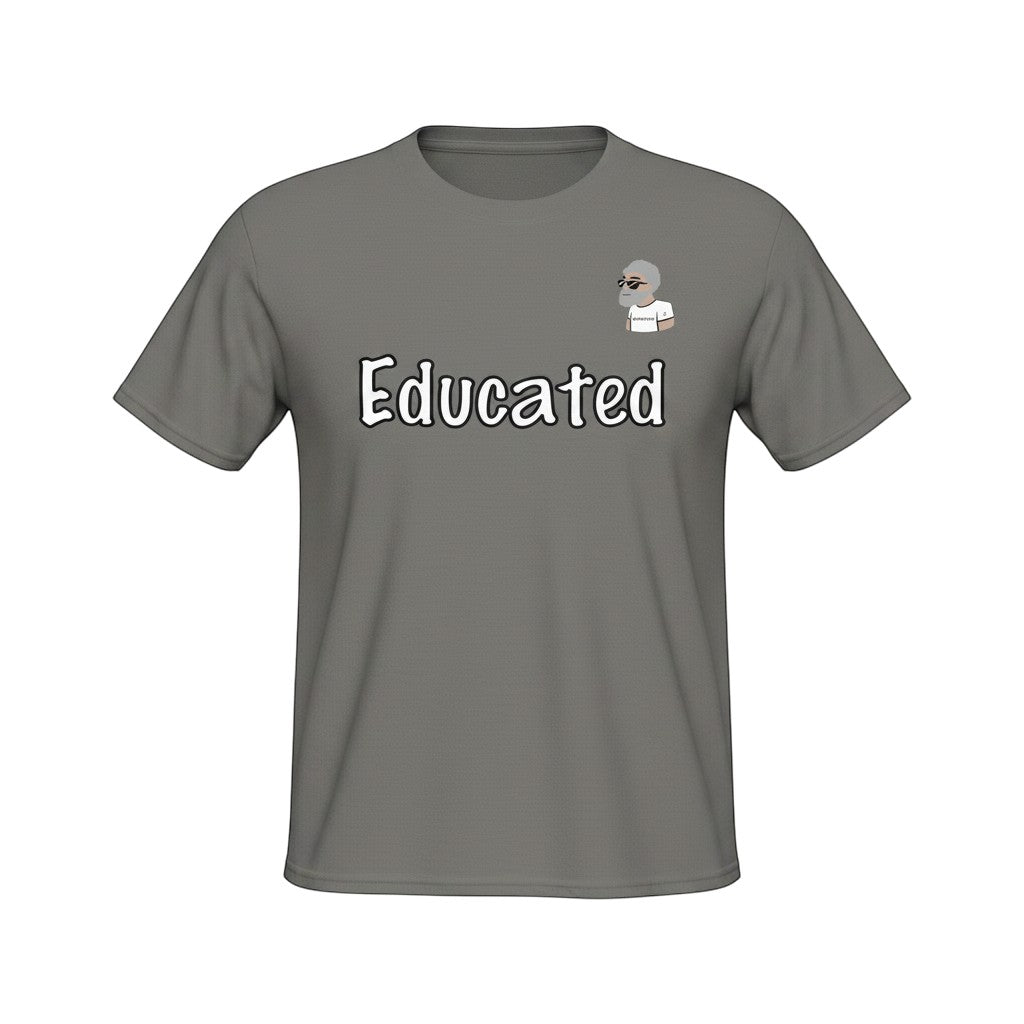 Big Daddy Allen Productions charcoal gray cotton t-shirt with "Educated" graphic and BDA logo.