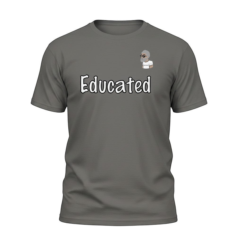 Big Daddy Allen Productions grey cotton t-shirt with "Educated" graphic and BDA logo on chest.