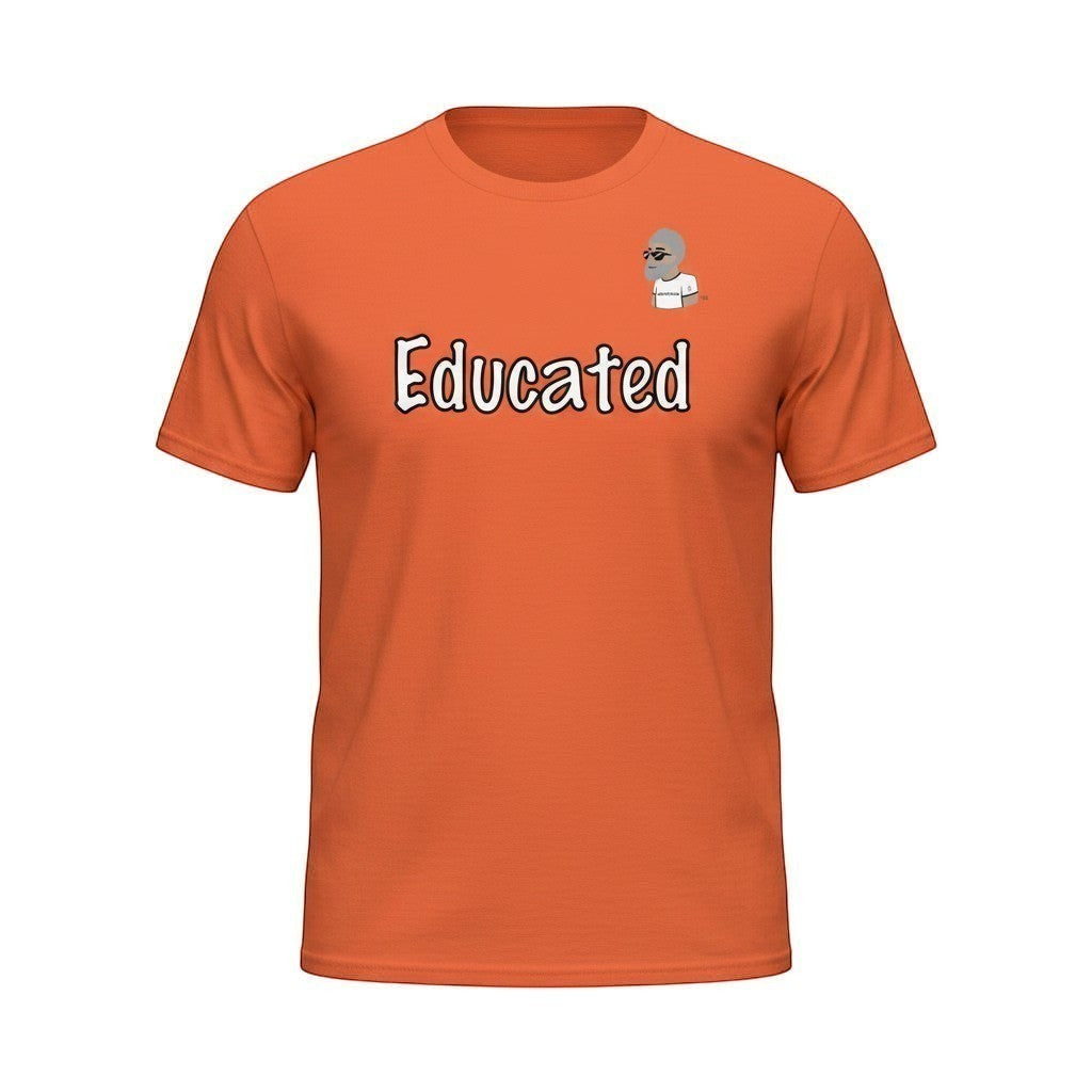 Big Daddy Allen Productions orange cotton t-shirt with "Educated" graphic and BDA logo. Casual, intellectual pride.