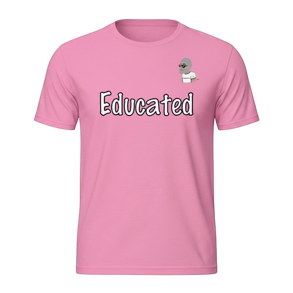 Big Daddy Allen Productions pink cotton t-shirt with "Educated" graphic and BDA logo. Casual, comfortable tee.