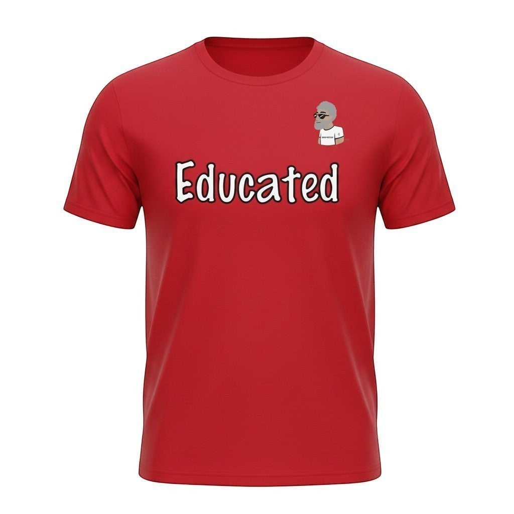 Big Daddy Allen Productions red cotton t-shirt with "Educated" graphic and BDA logo on chest.