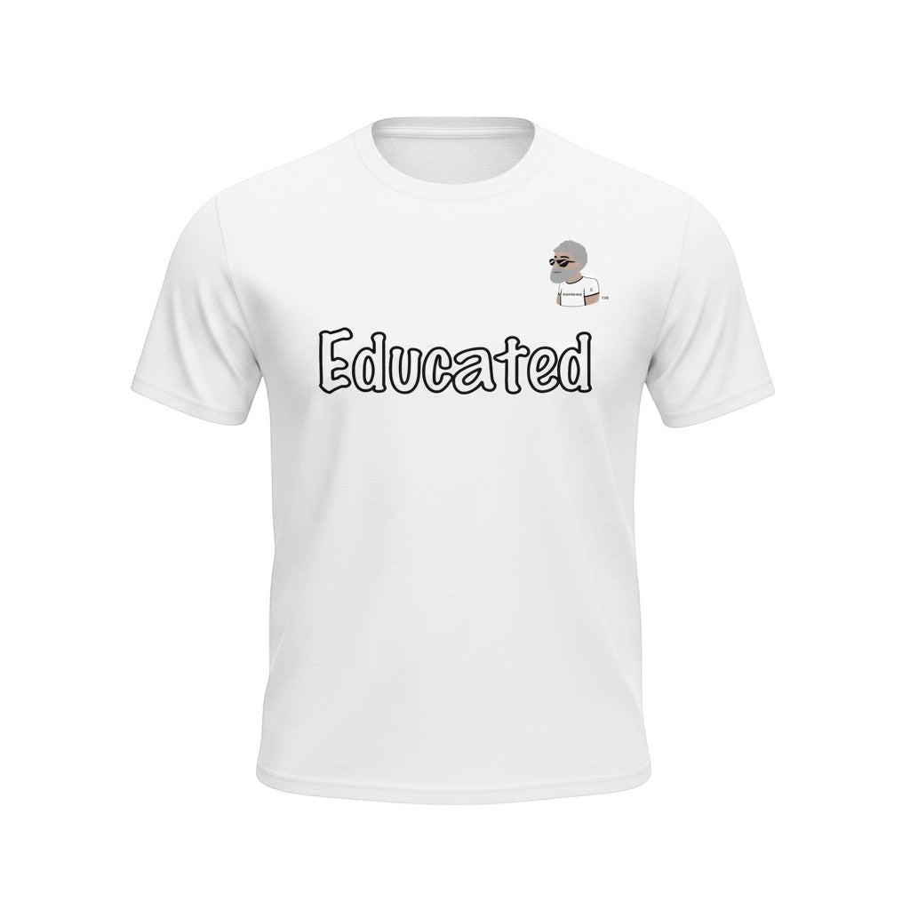 Big Daddy Allen Productions white cotton t-shirt with "Educated" graphic and BDA logo.