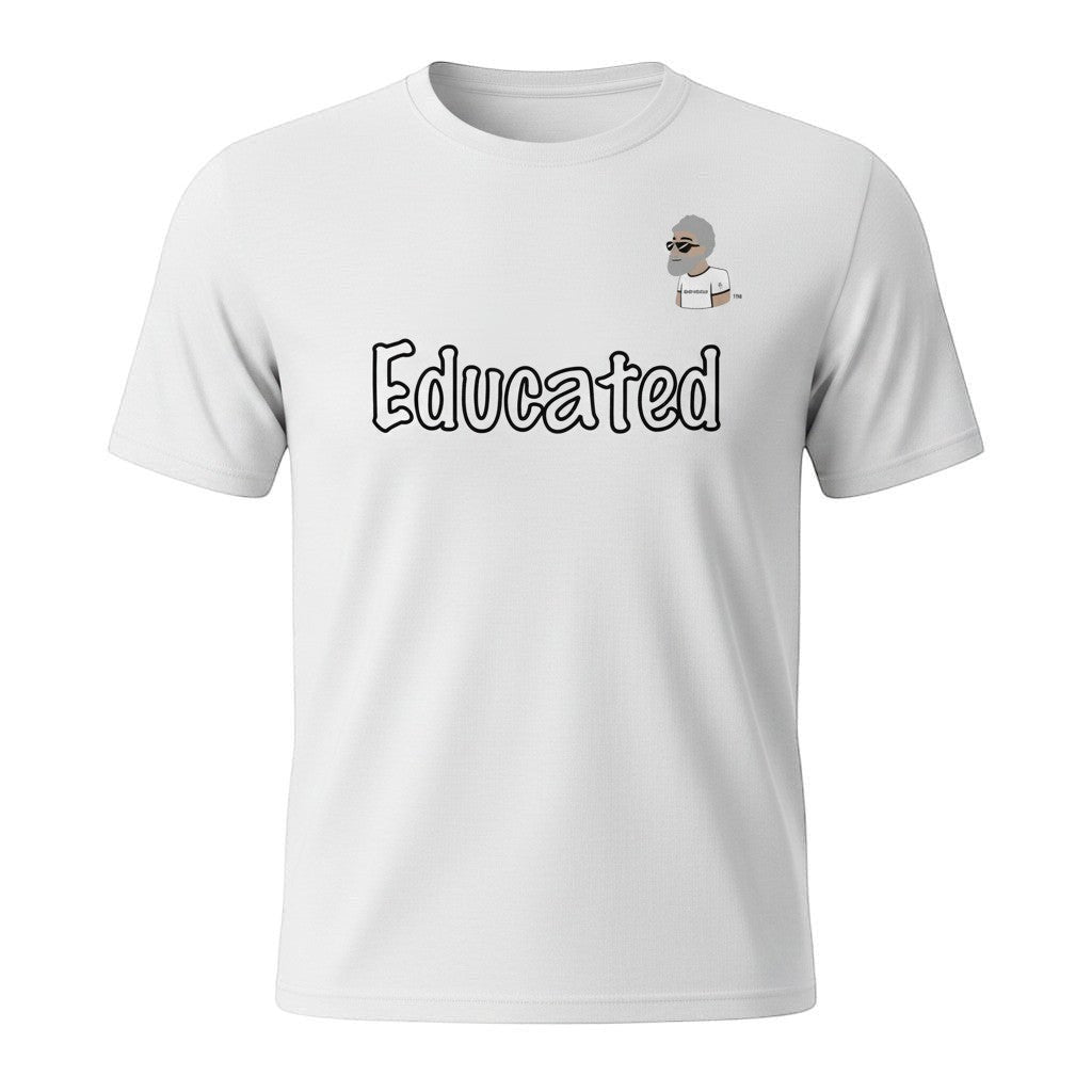 Big Daddy Allen Productions white cotton t-shirt with "Educated" graphic and BDA logo. Short sleeves, crew neck.