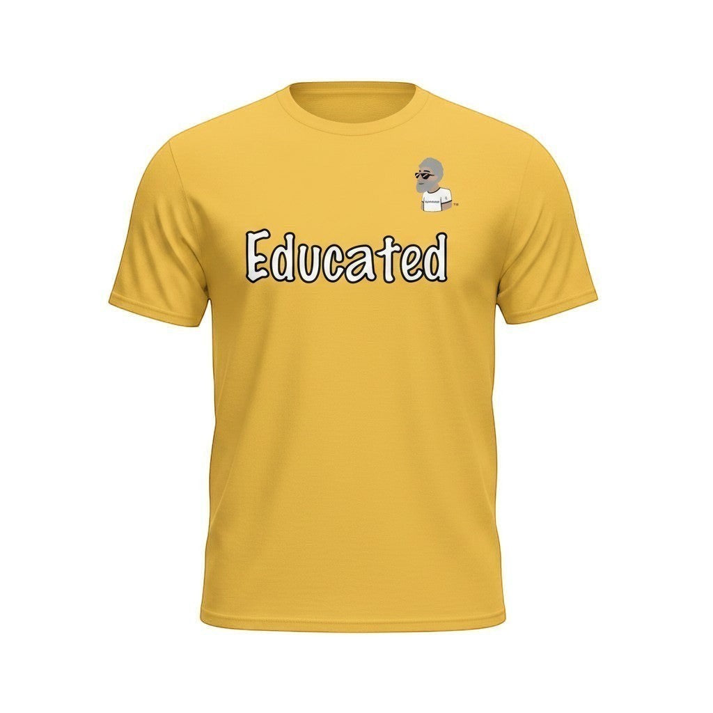 Big Daddy Allen Productions yellow cotton t-shirt with "Educated" graphic and BDA logo. Short-sleeved, crew neck.