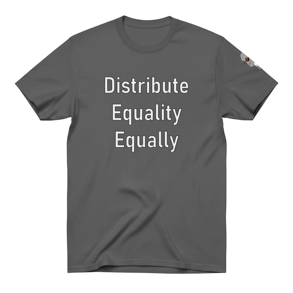 Big Daddy Allen Productions Distribute Equality Equally graphic t-shirt in charcoal grey cotton with white text.